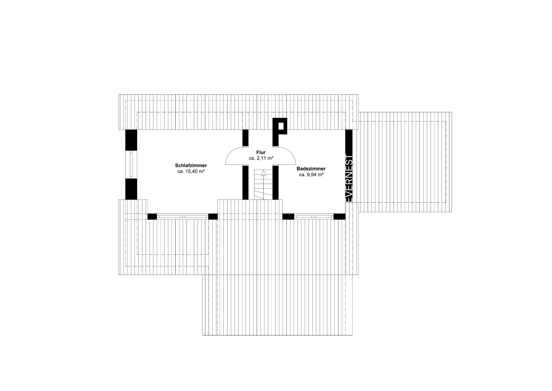 Grundriss mit einem Schlafzimmer, einem Badezimmer und Flur im Obergeschoss.