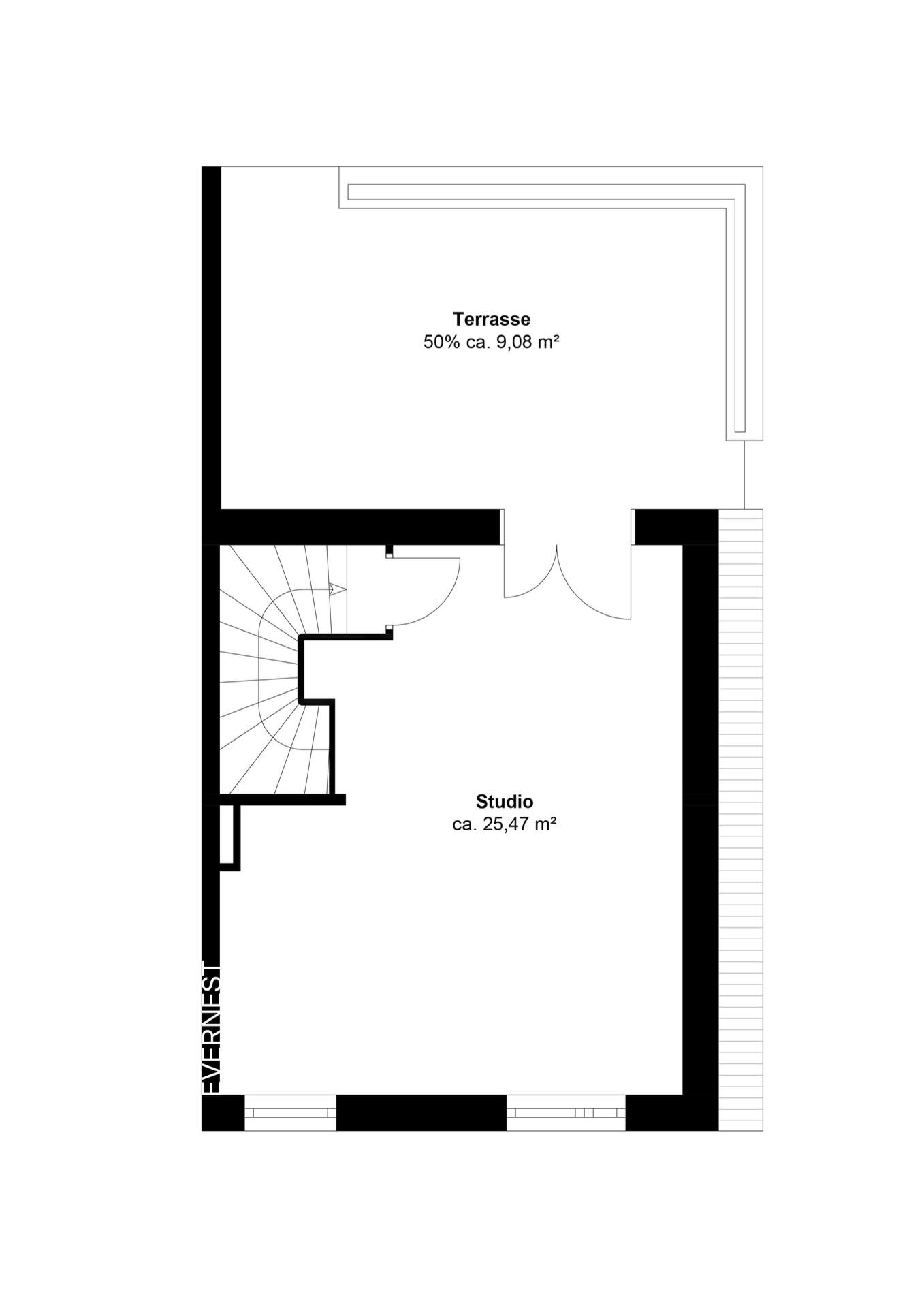 Grundriss mit Studio und angrenzender Terrasse, Flächengrößen sind angegeben.
