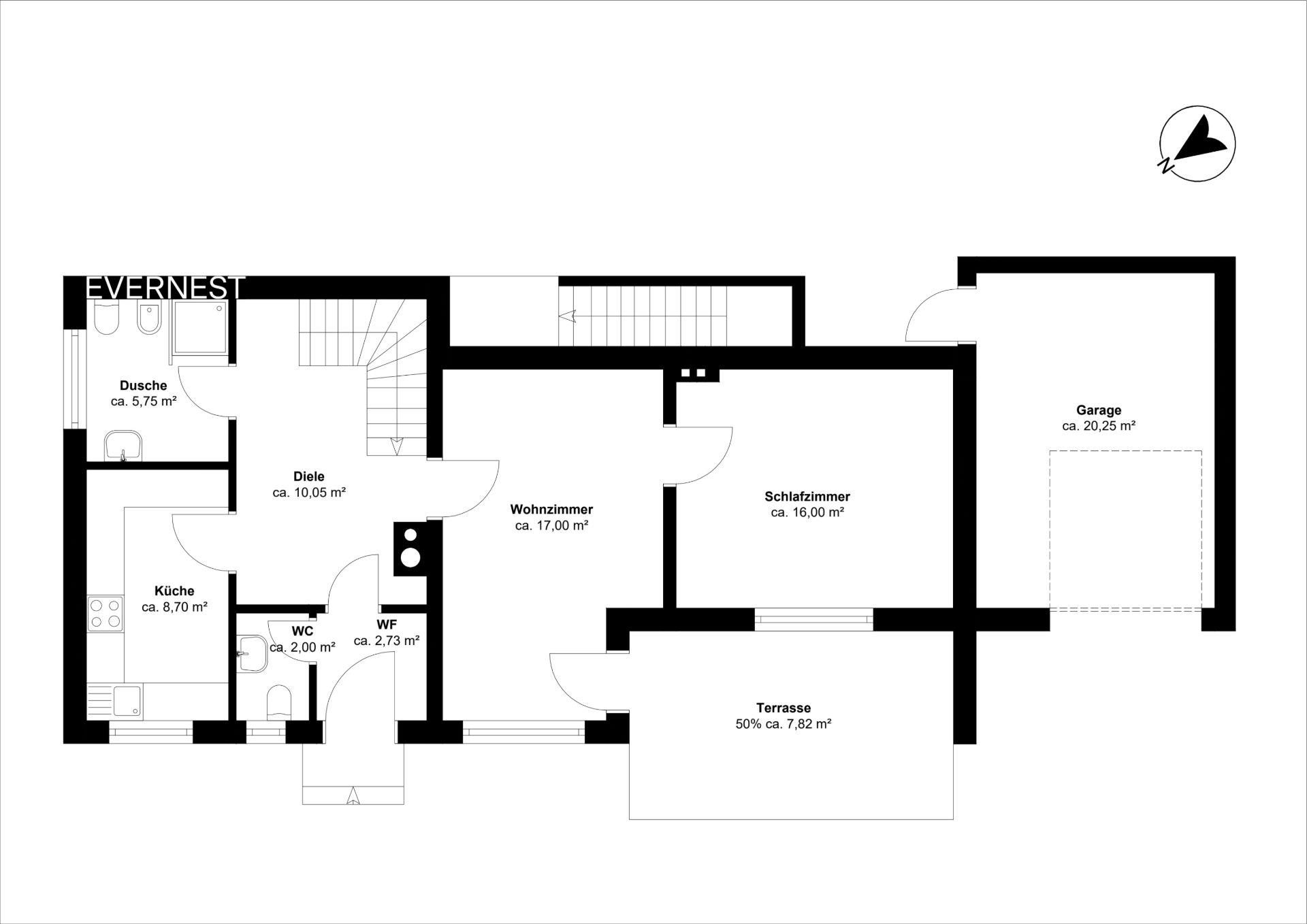 Grundriss eines Hauses mit Wohnzimmer, Küche, Schlafzimmer, Bad, WC, Diele, Terrasse und Garage.