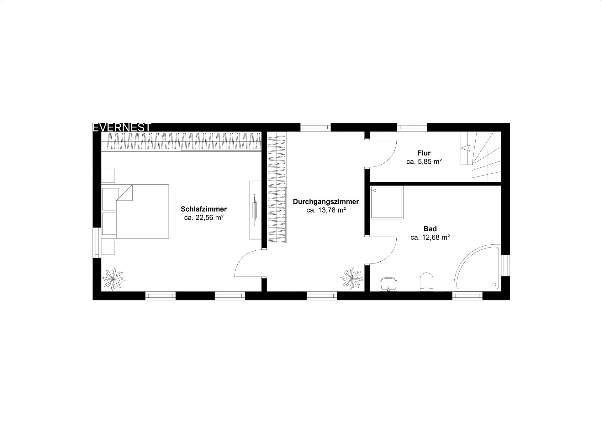 Grundriss mit Schlafzimmer, Durchgangszimmer, Flur und Bad, jeweils mit Quadratmeterangaben.