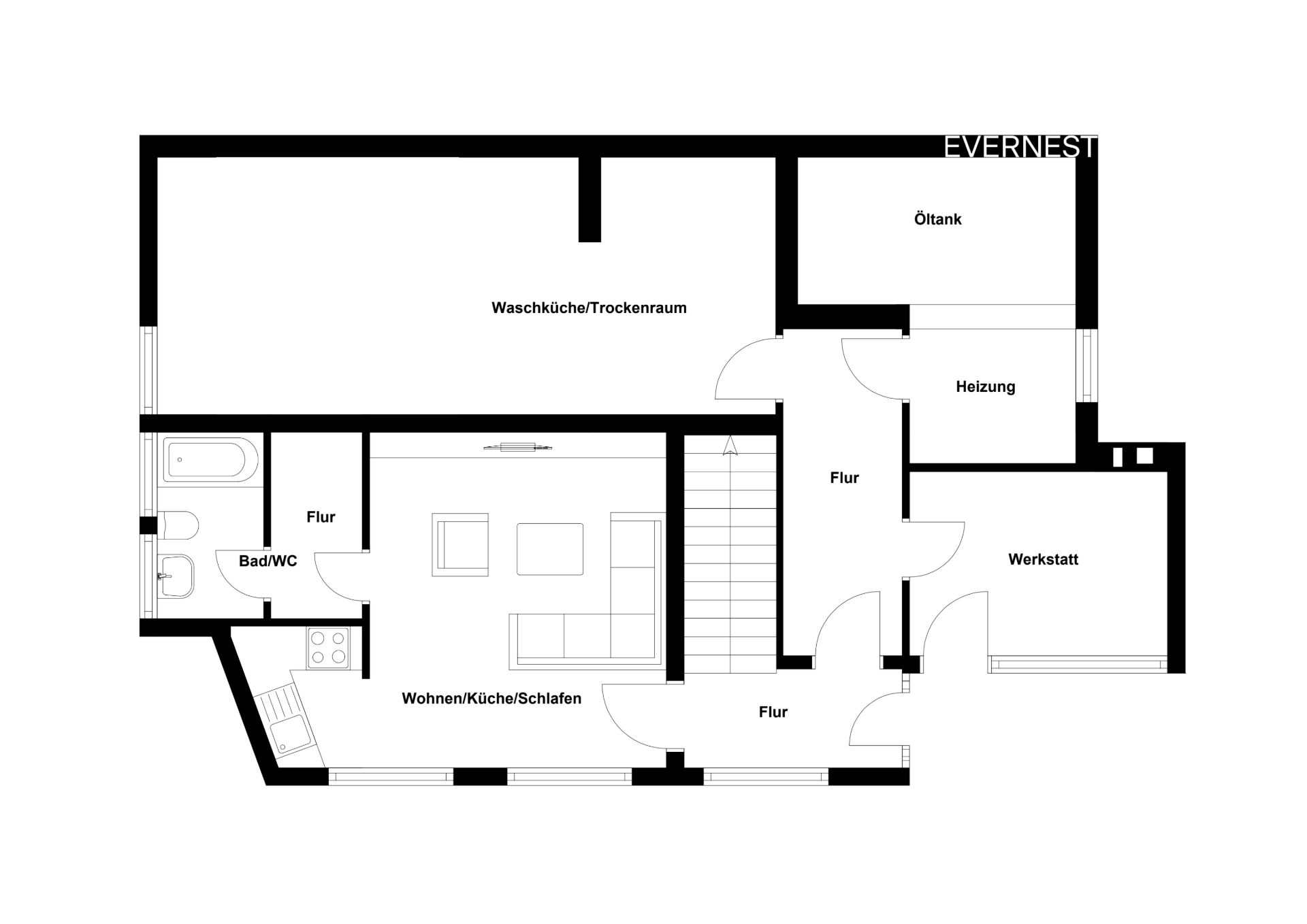 Grundriss mit Räumen: Wohnen/Küche/Schlafen, Bad/WC, Waschküche, Werkstatt, Heizungsraum, Flure.