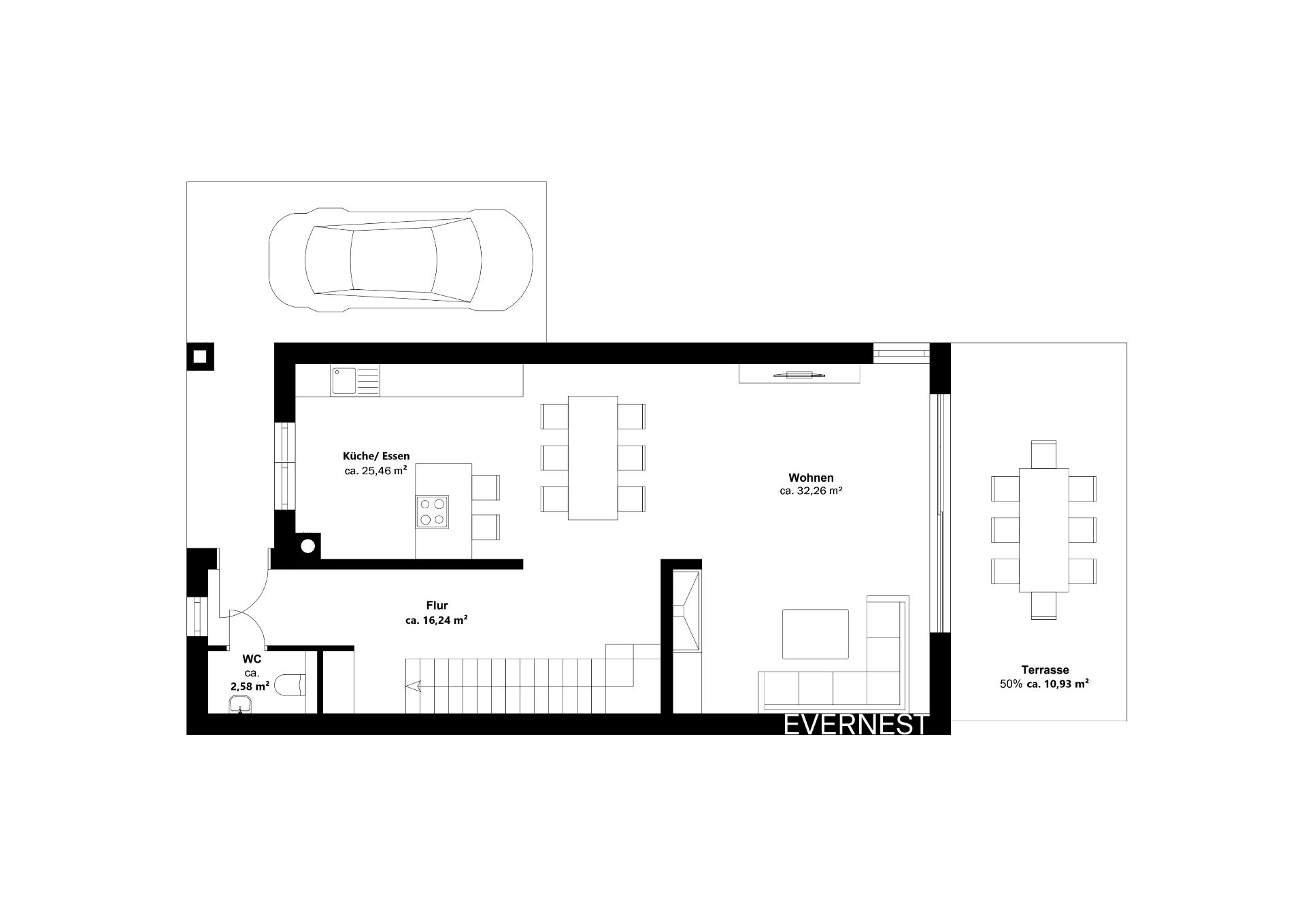 Grundriss mit Küche, Essbereich, Wohnzimmer, WC, Flur, Terrasse und Parkplatz.