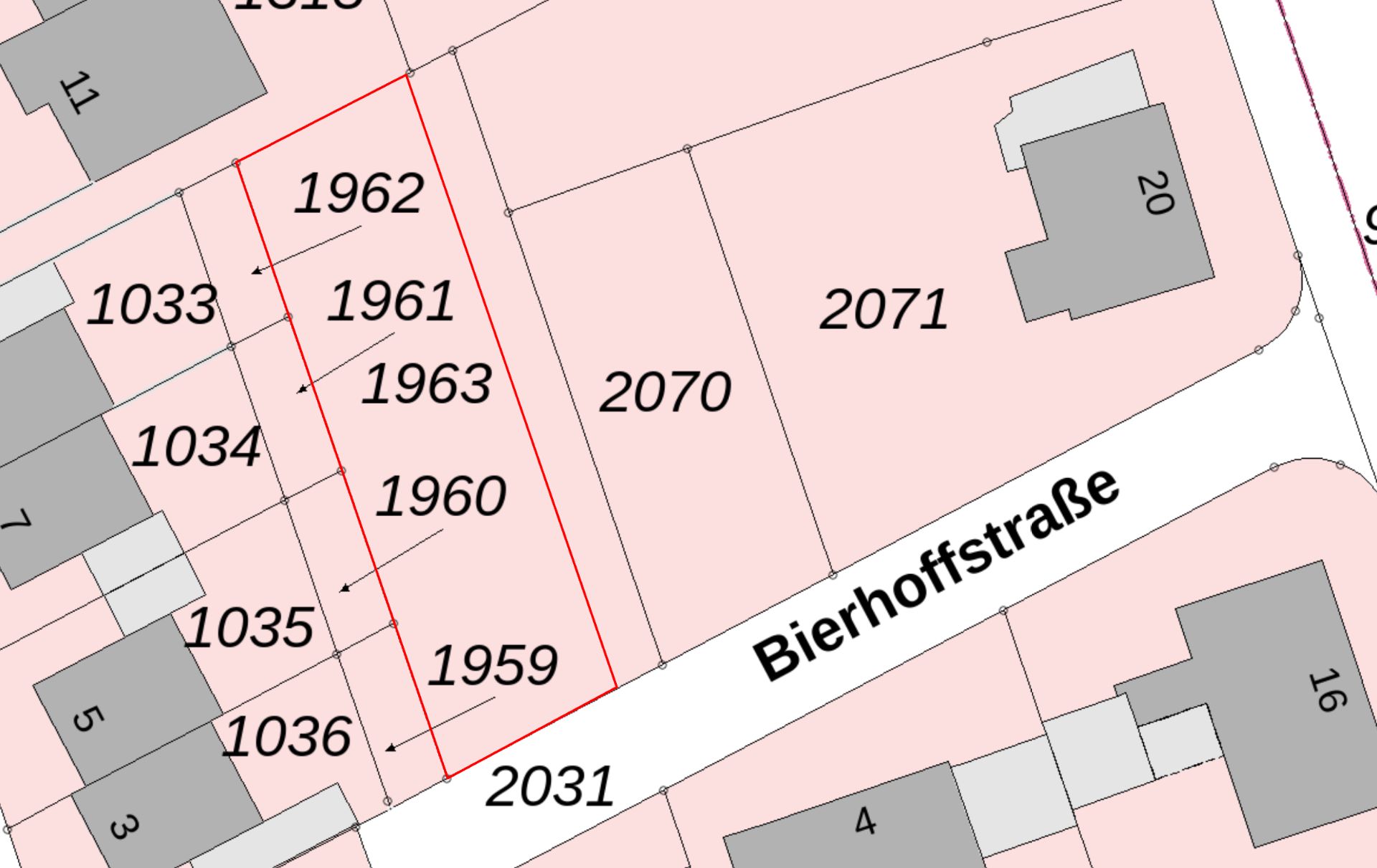 Kartenausschnitt mit Grundstücken und Hausnummern an der Bierhoffstraße.