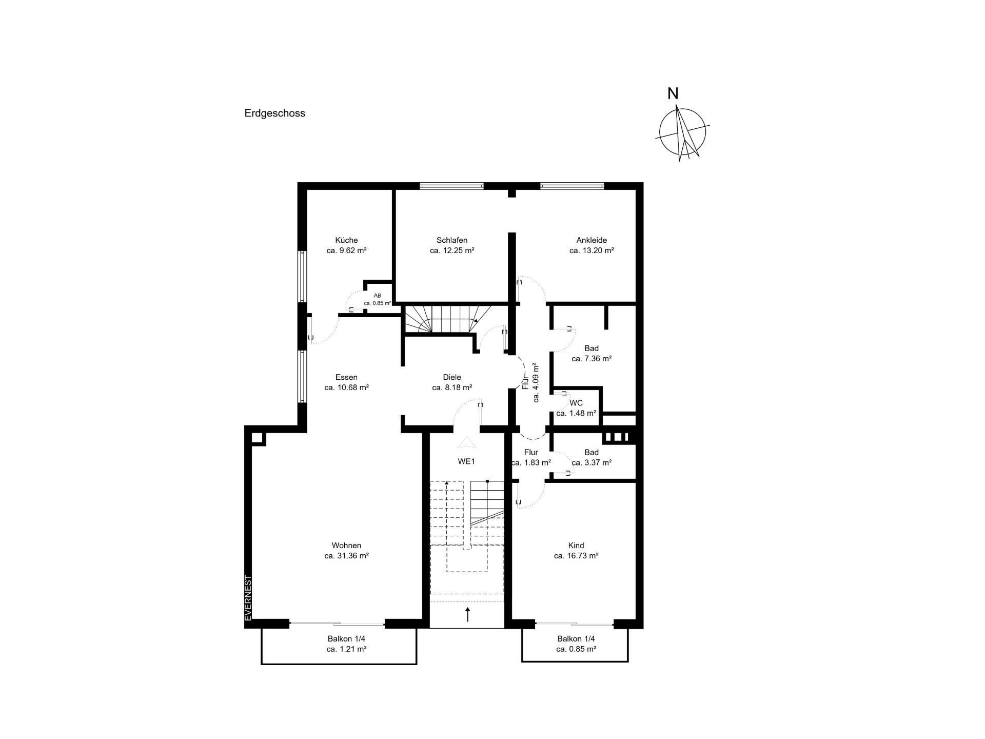 Grundriss des Erdgeschosses mit Wohnzimmer, Küche, Schlafzimmer, Kinderzimmer und Bädern.