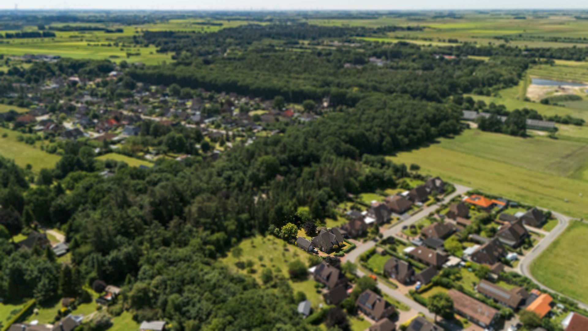 Luftaufnahme eines Wohngebiets mit vielen Häusern, umgeben von Wald und Feldern.