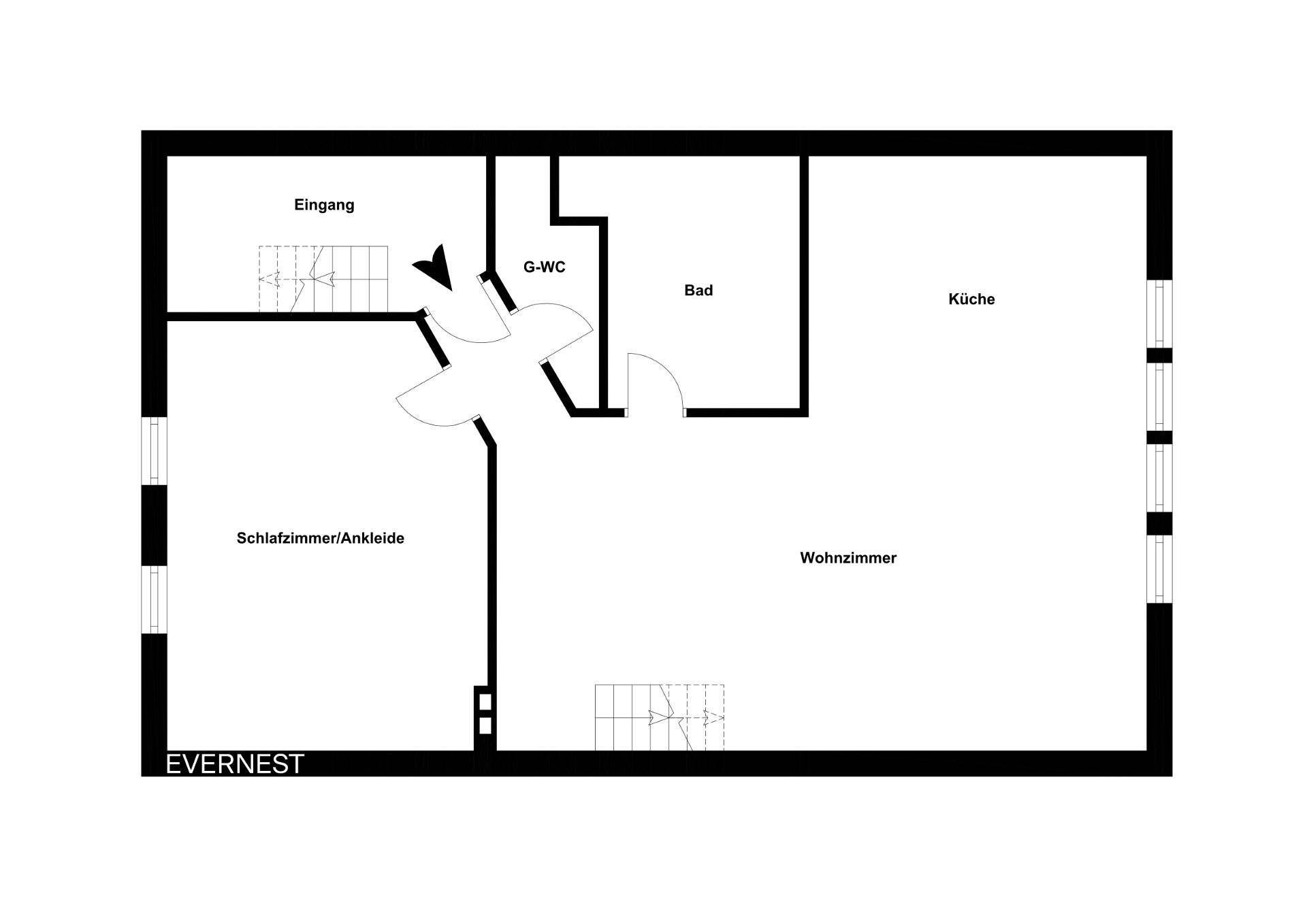 Grundriss mit Schlafzimmer, Ankleide, Wohnzimmer, Küche, Bad, Gäste-WC und Eingang.