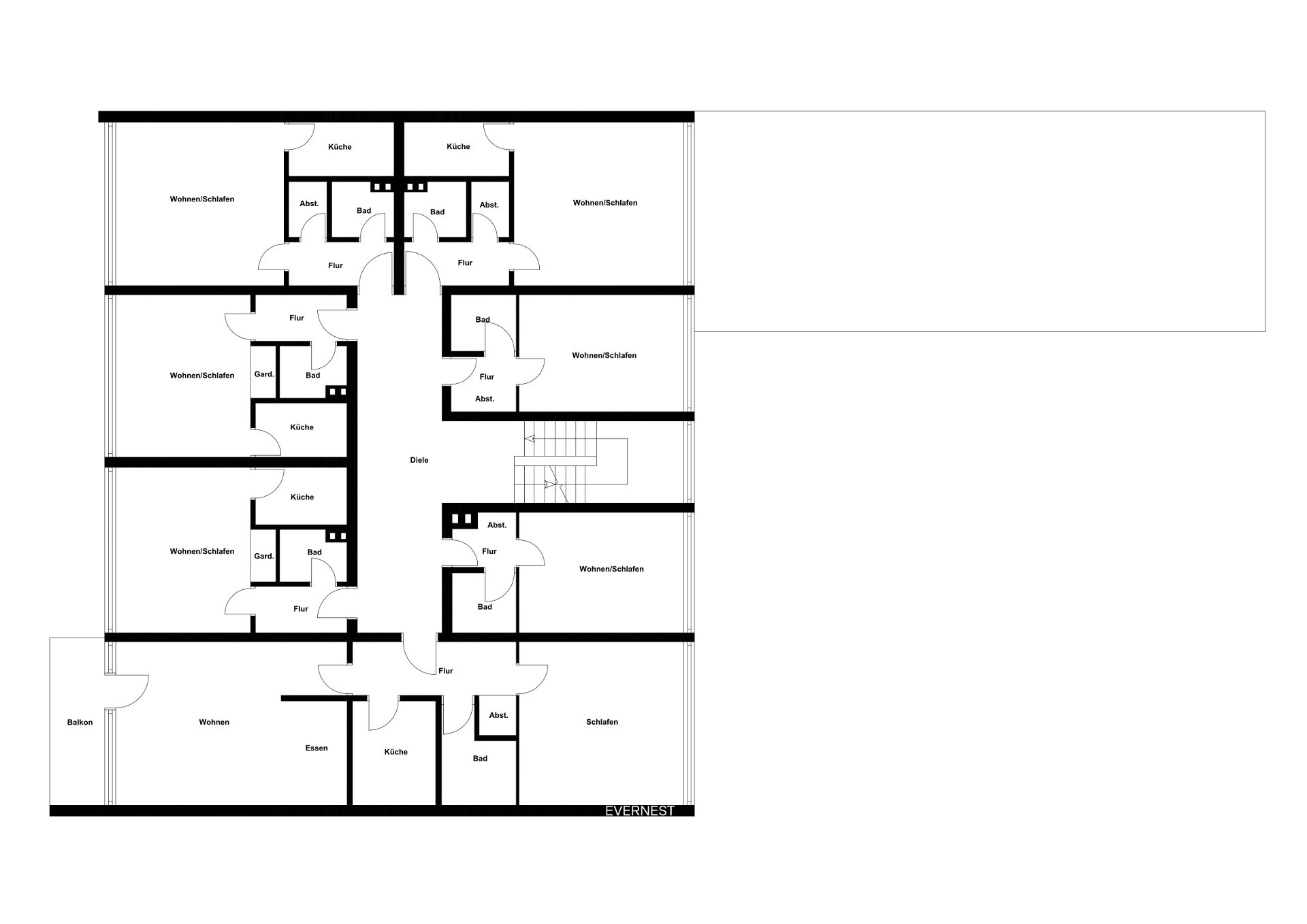 Grundriss mit mehreren Wohnungen, jeweils mit Wohnbereich, Küche, Bad und Flur.