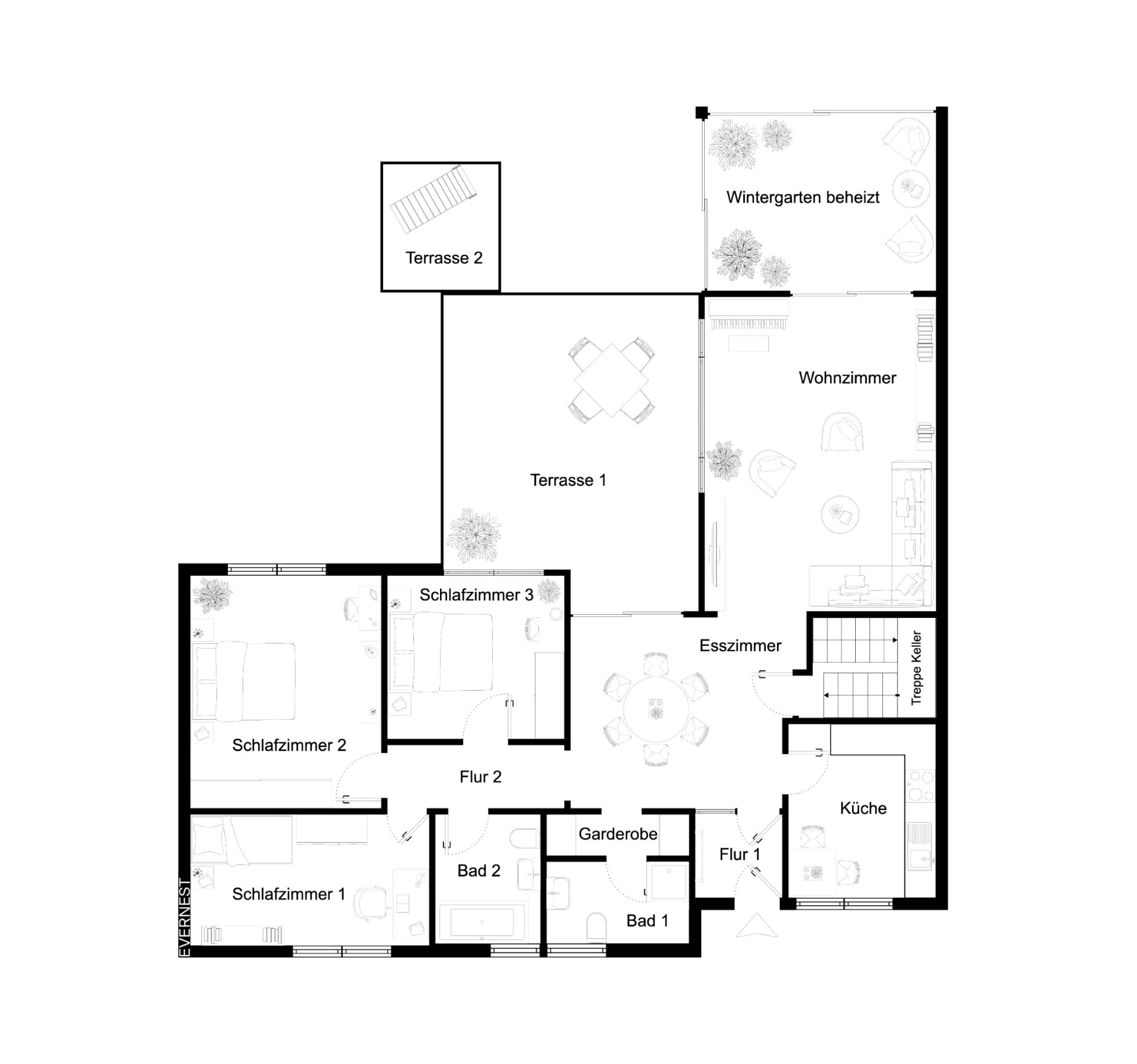 Grundriss einer Wohnung mit drei Schlafzimmern, Küche, Wohnzimmer, Esszimmer und zwei Terrassen.