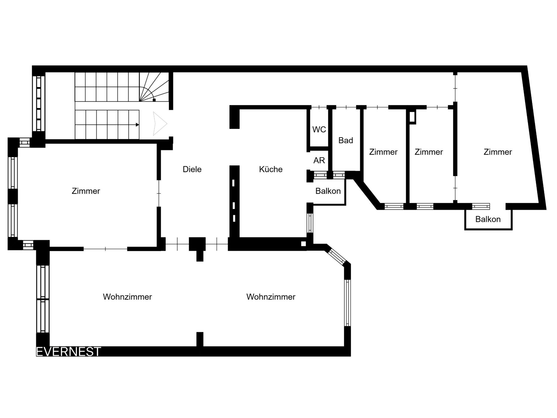 Grundriss einer Wohnung mit mehreren Zimmern, zwei Balkonen, Küche, Bad und Wohnzimmern.