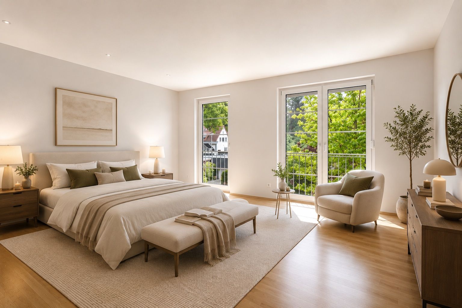 Helles Schlafzimmer mit großem Bett, Teppich, Sitzbank, Sessel, Kommode und Fenstern mit Blick ins Grüne.