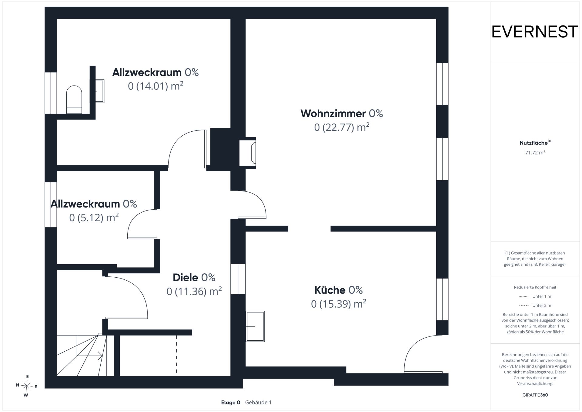 Grundriss einer Wohnung mit Wohnzimmer, Küche, Diele und zwei Allzweckräumen.