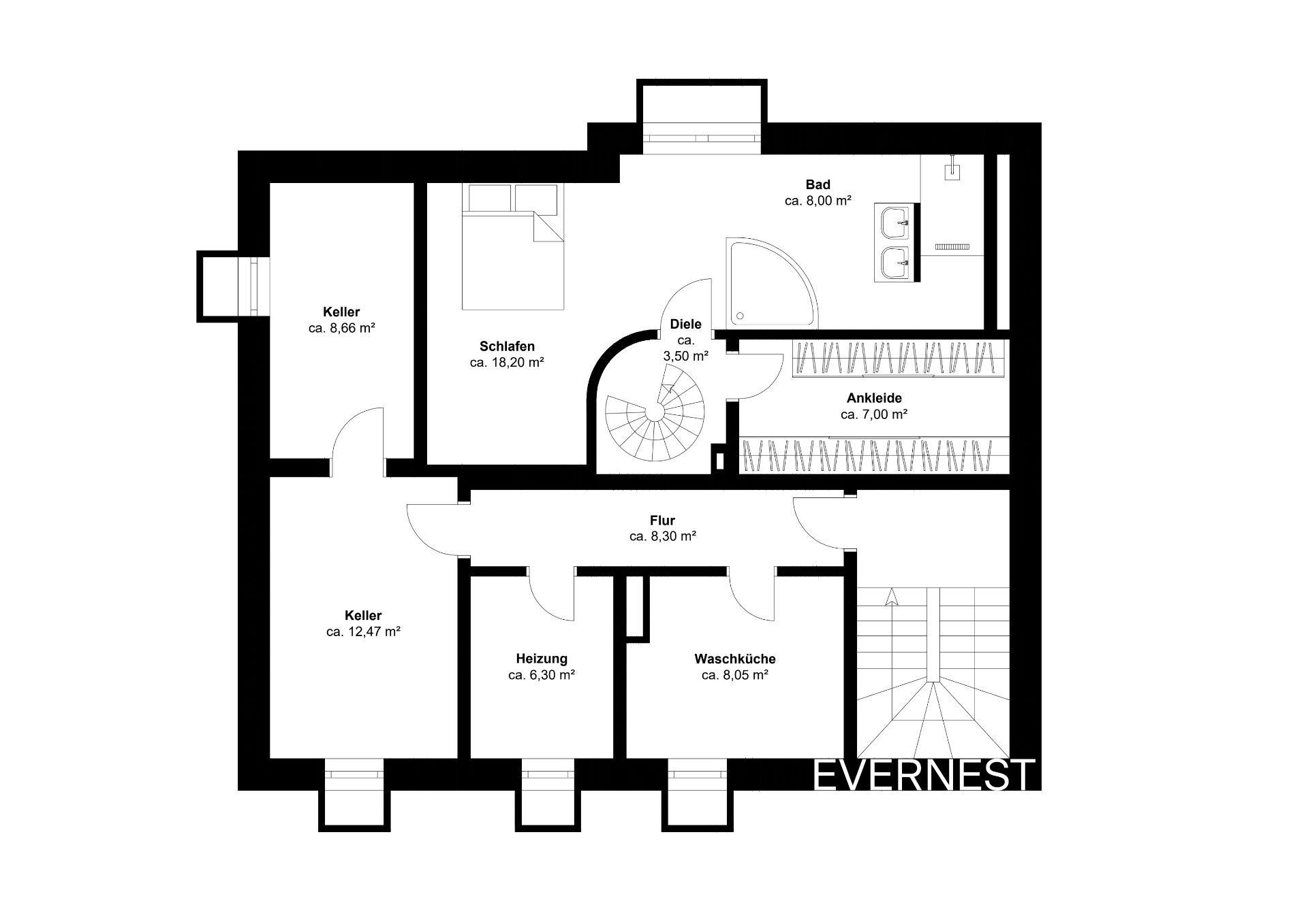 Grundriss mit Schlafzimmer, Bad, zwei Kellerräumen, Waschküche, Heizung und Ankleide.
