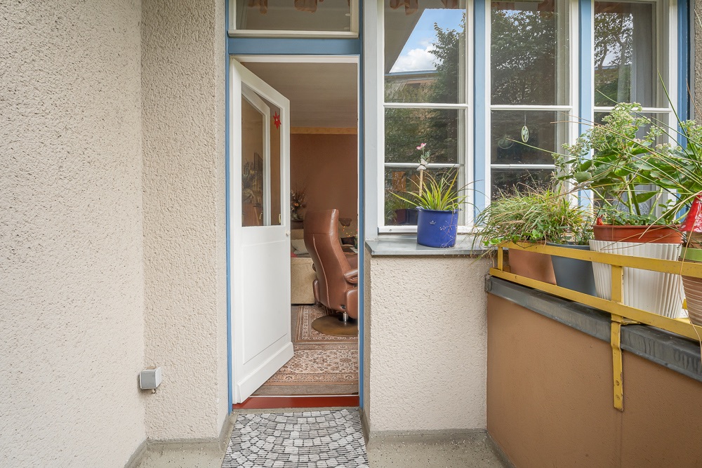 Offene Balkontür mit Blick ins Wohnzimmer, mehrere Pflanzen auf dem Geländer.