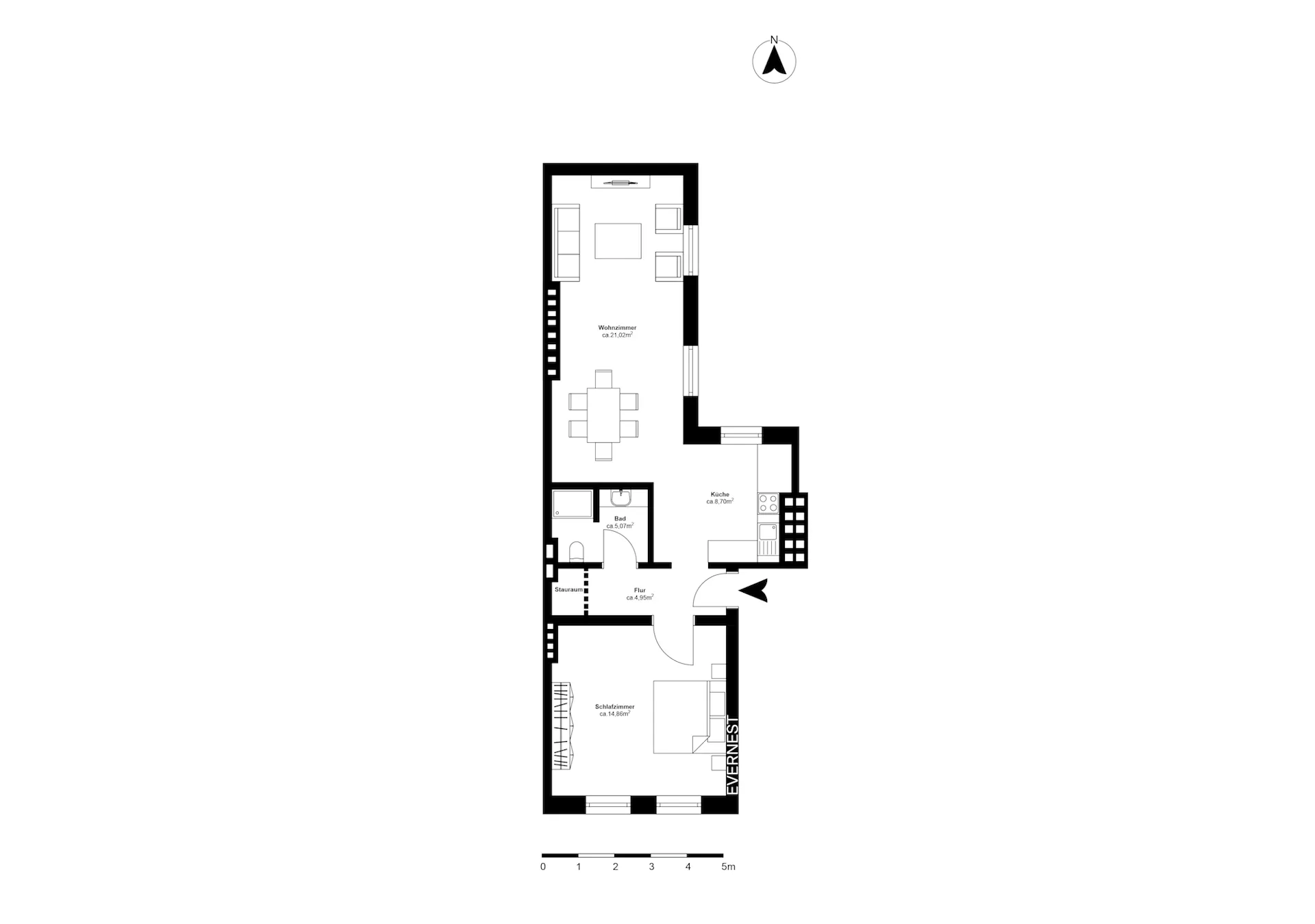 Grundriss einer Wohnung mit Wohnzimmer, Küche, Schlafzimmer, Bad und Flur.