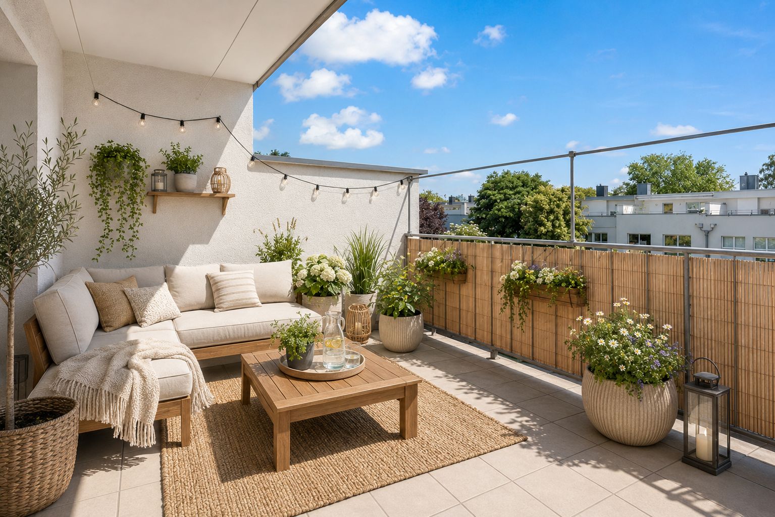 Helle Terrasse mit Ecksofa, Holztisch, Pflanzen und Lichterkette.