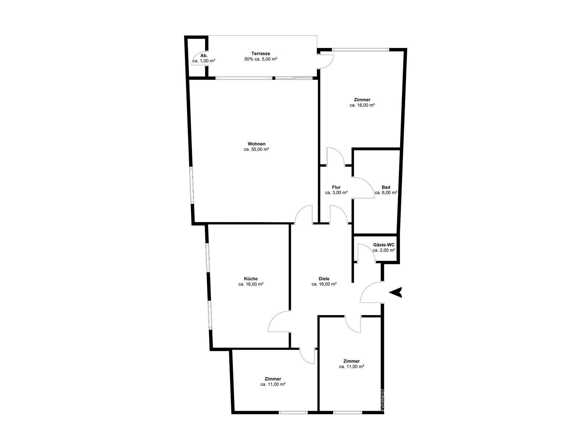 Grundriss einer Wohnung mit Wohnzimmer, Küche, Bad, Gäste-WC, Terrasse und mehreren Zimmern.