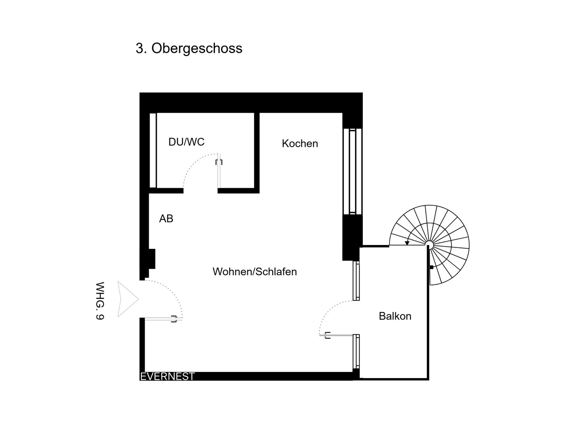 Grundriss des 3. Obergeschosses mit Wohnen/Schlafen, Kochen, DU/WC und Balkon.