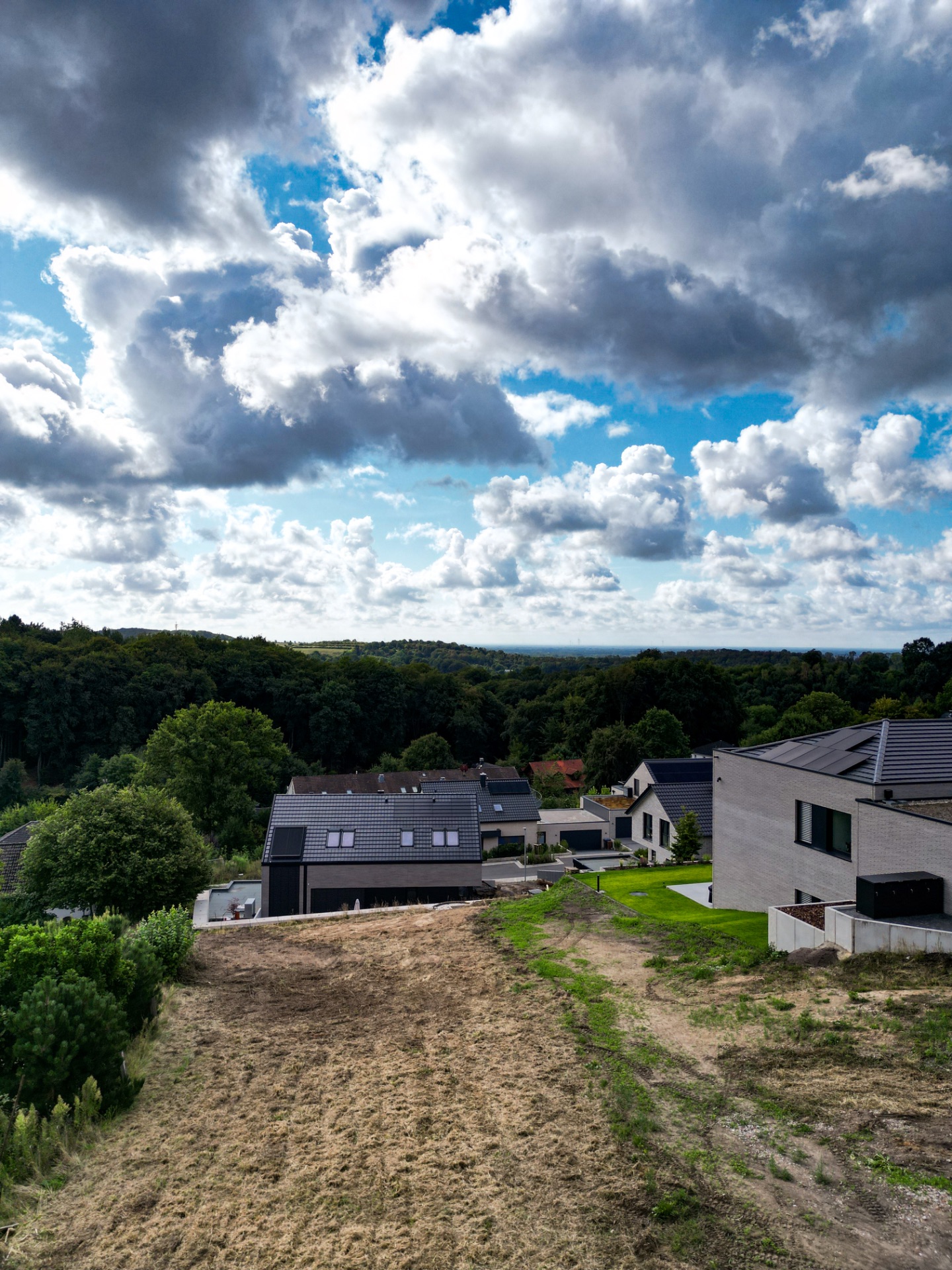 Blick auf moderne Häuser und eine Wiese mit Bäumen im Hintergrund unter wolkigem Himmel.