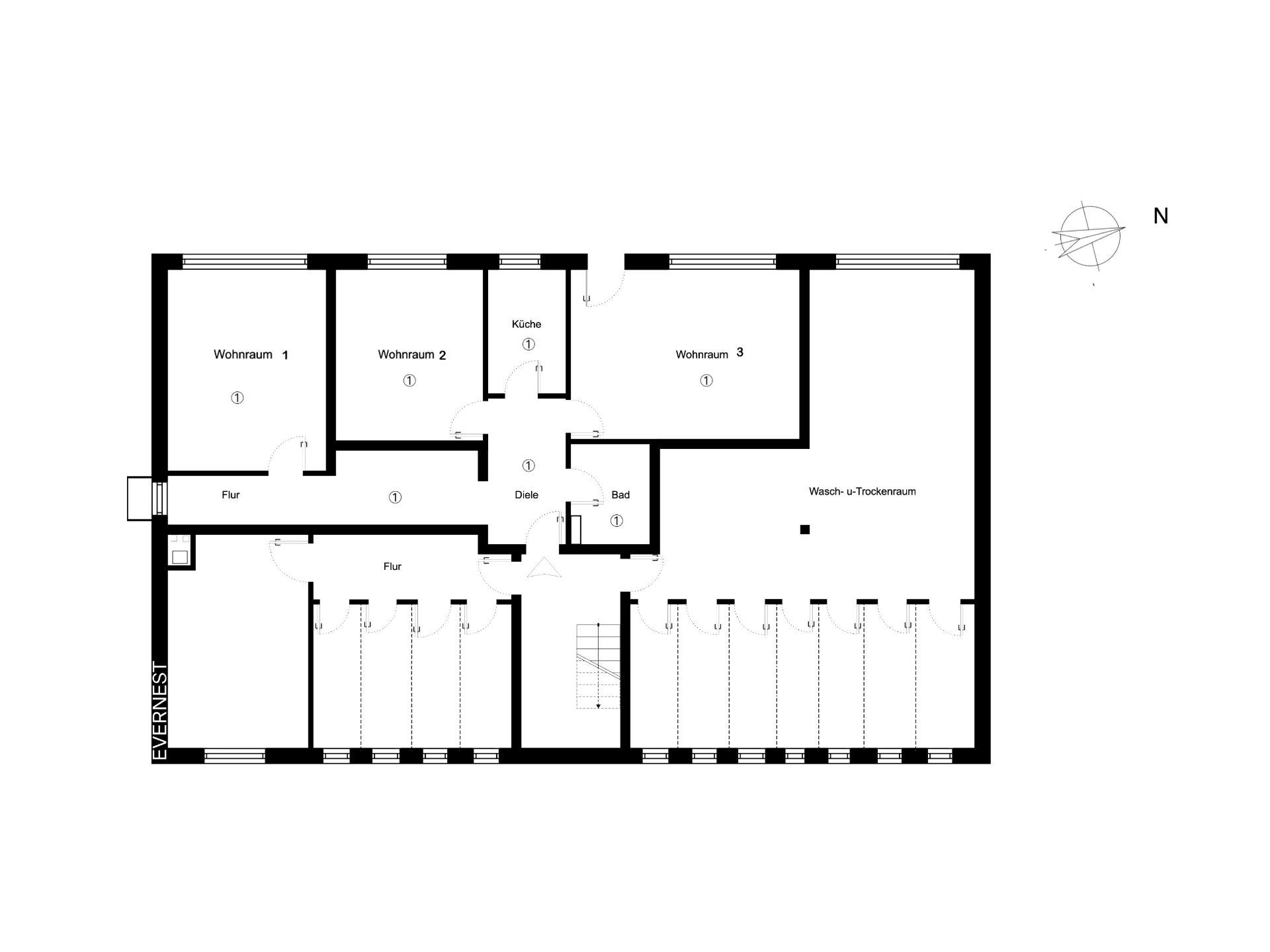 Grundriss mit drei Wohnräumen, Küche, Bad, Flur und Wasch- sowie Trockenraum.