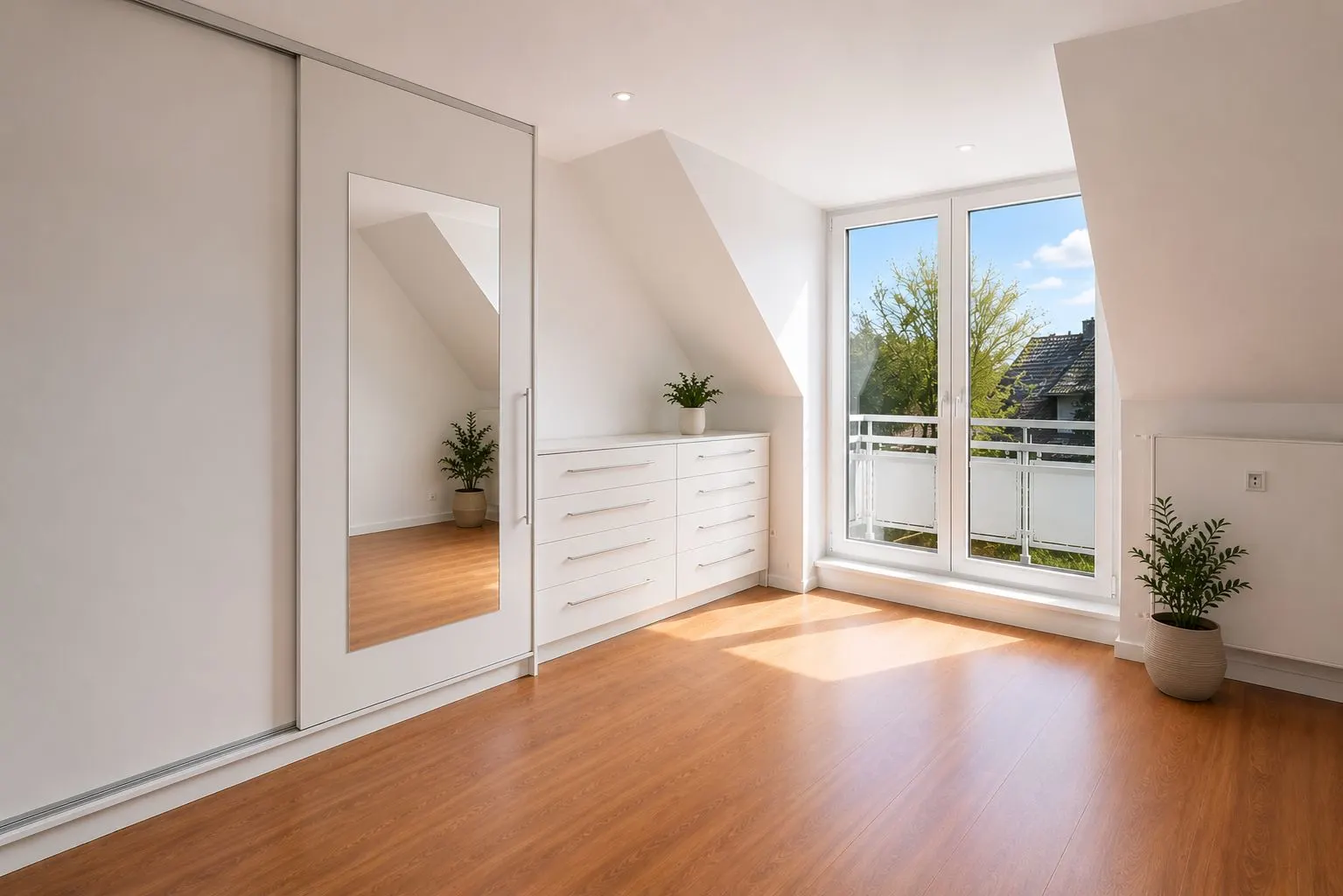 Helles Zimmer mit Holzfußboden, großem Fenster, Spiegel, Kommode und zwei Pflanzen.