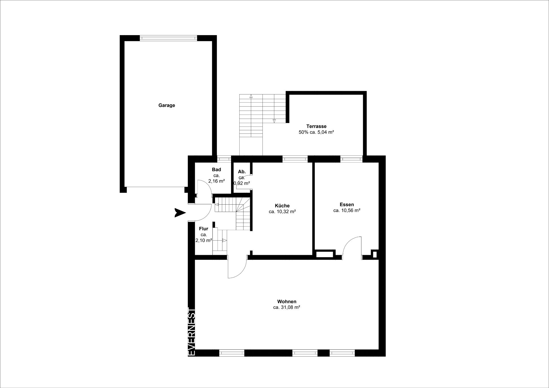 Grundriss mit Garage, Terrasse, Bad, Küche, Esszimmer, Wohnzimmer, Abstellraum und Flur.
