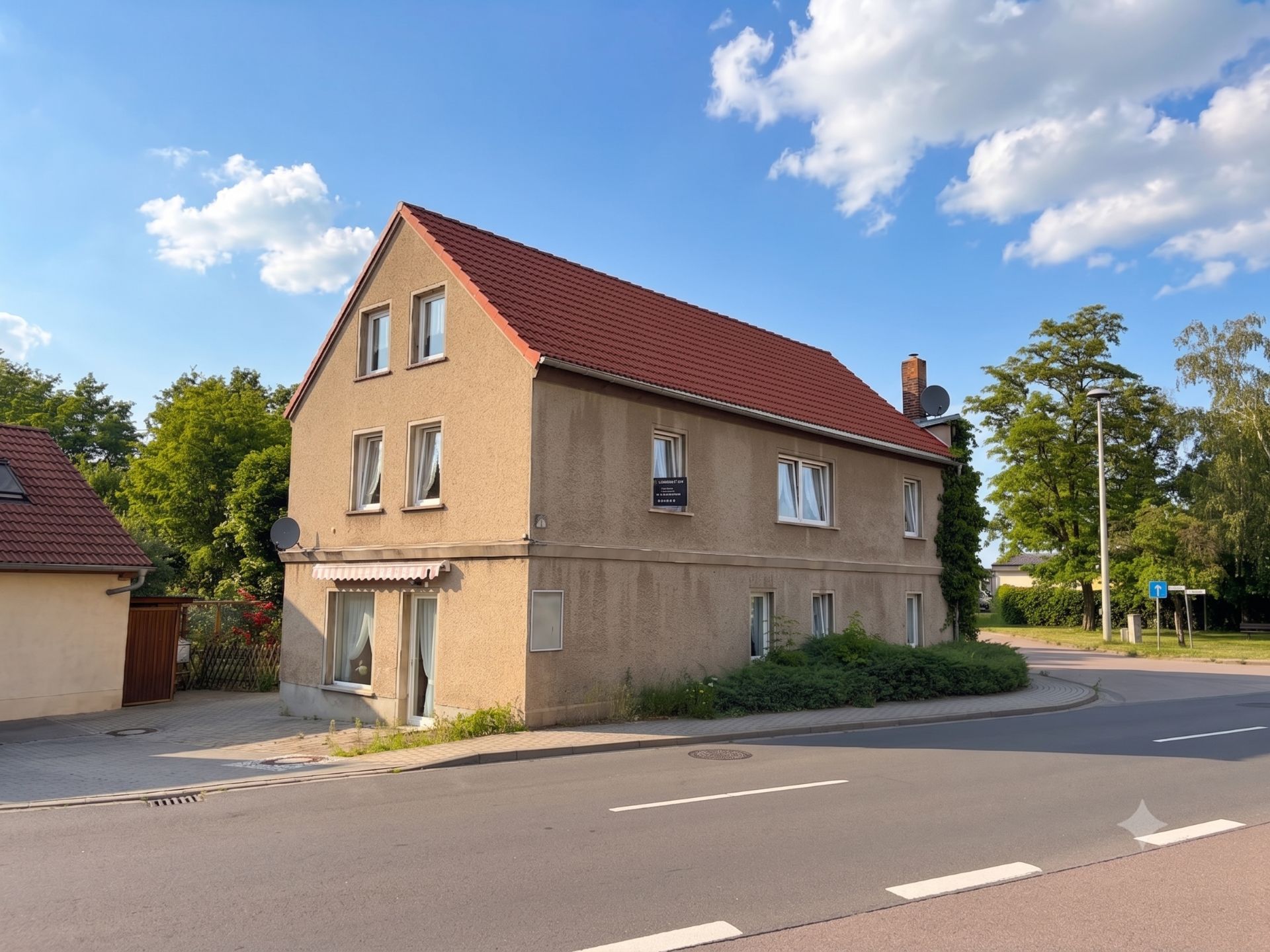 Eckhaus mit rotem Satteldach und mehreren Fenstern an einer ruhigen Straße.