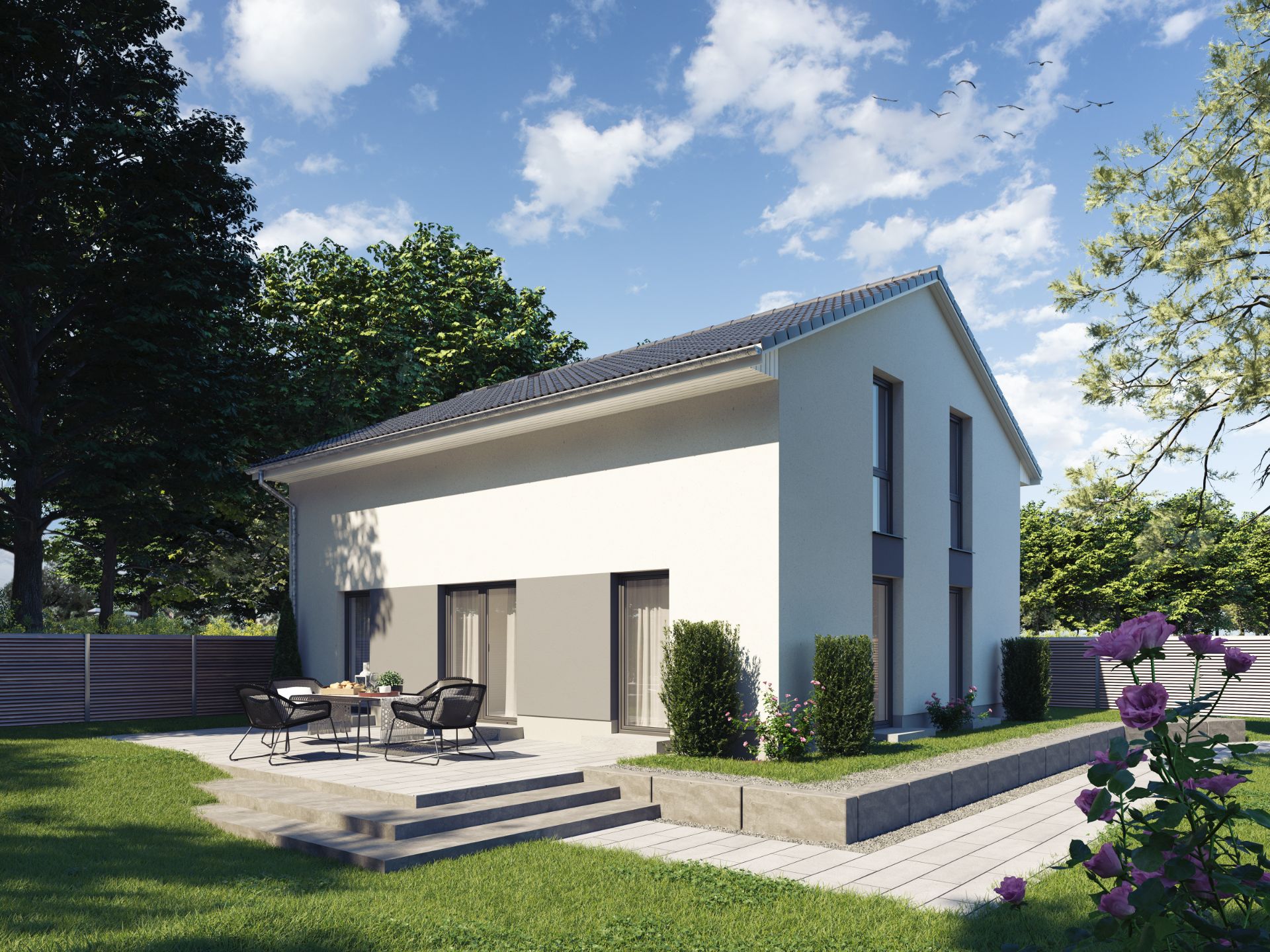 Modernes Einfamilienhaus mit Terrasse, Sitzgruppe und Garten in grüner Umgebung.