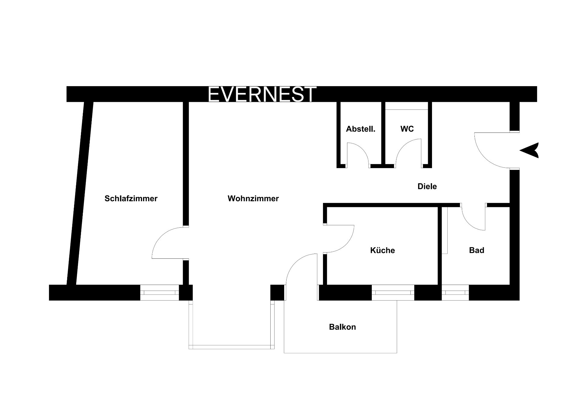 Grundriss einer Wohnung mit Schlafzimmer, Wohnzimmer, Küche, Bad, WC, Abstellraum und Balkon.