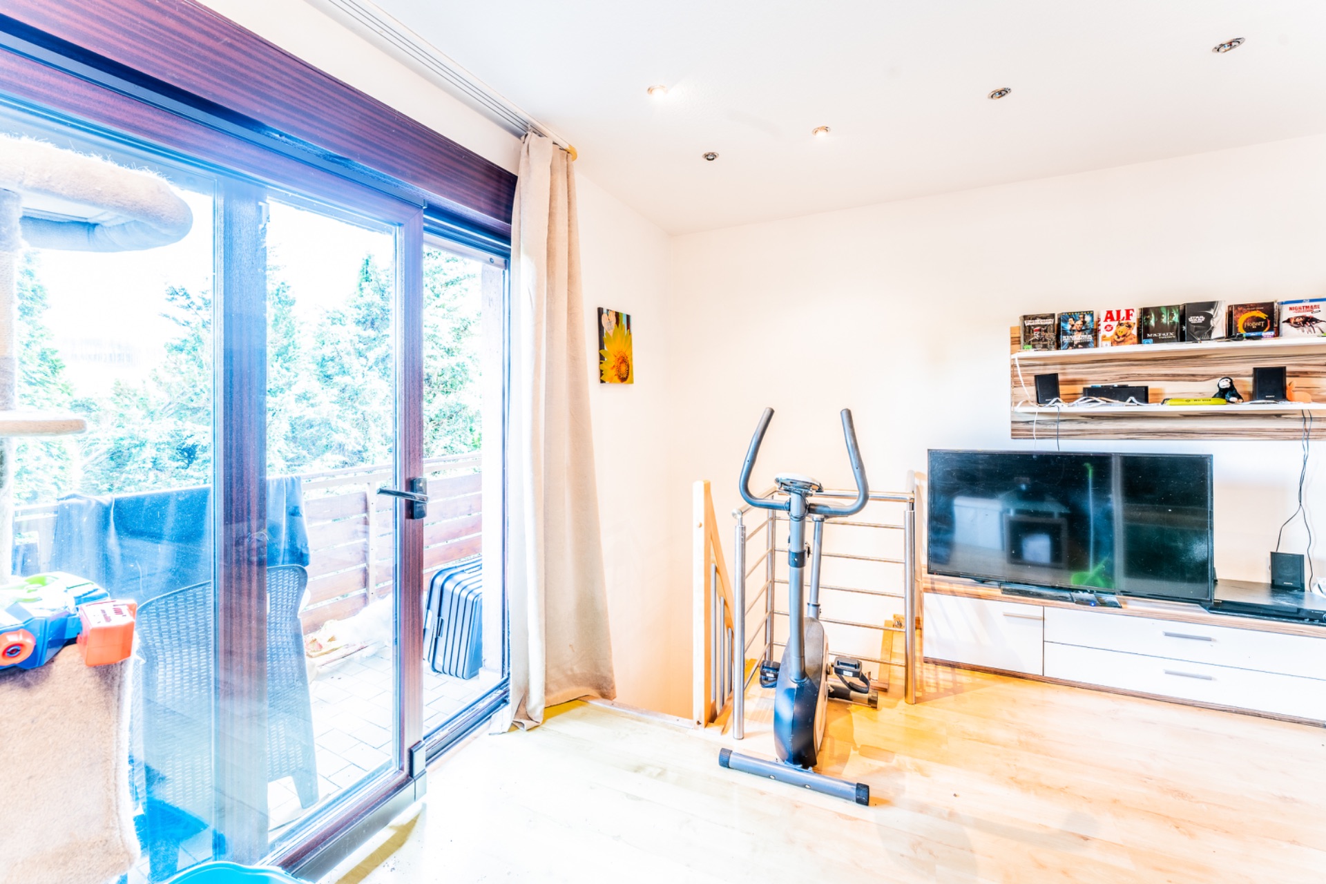 Heller Raum mit Heimtrainer, Fernseher, Regal und Zugang zu einem Balkon.