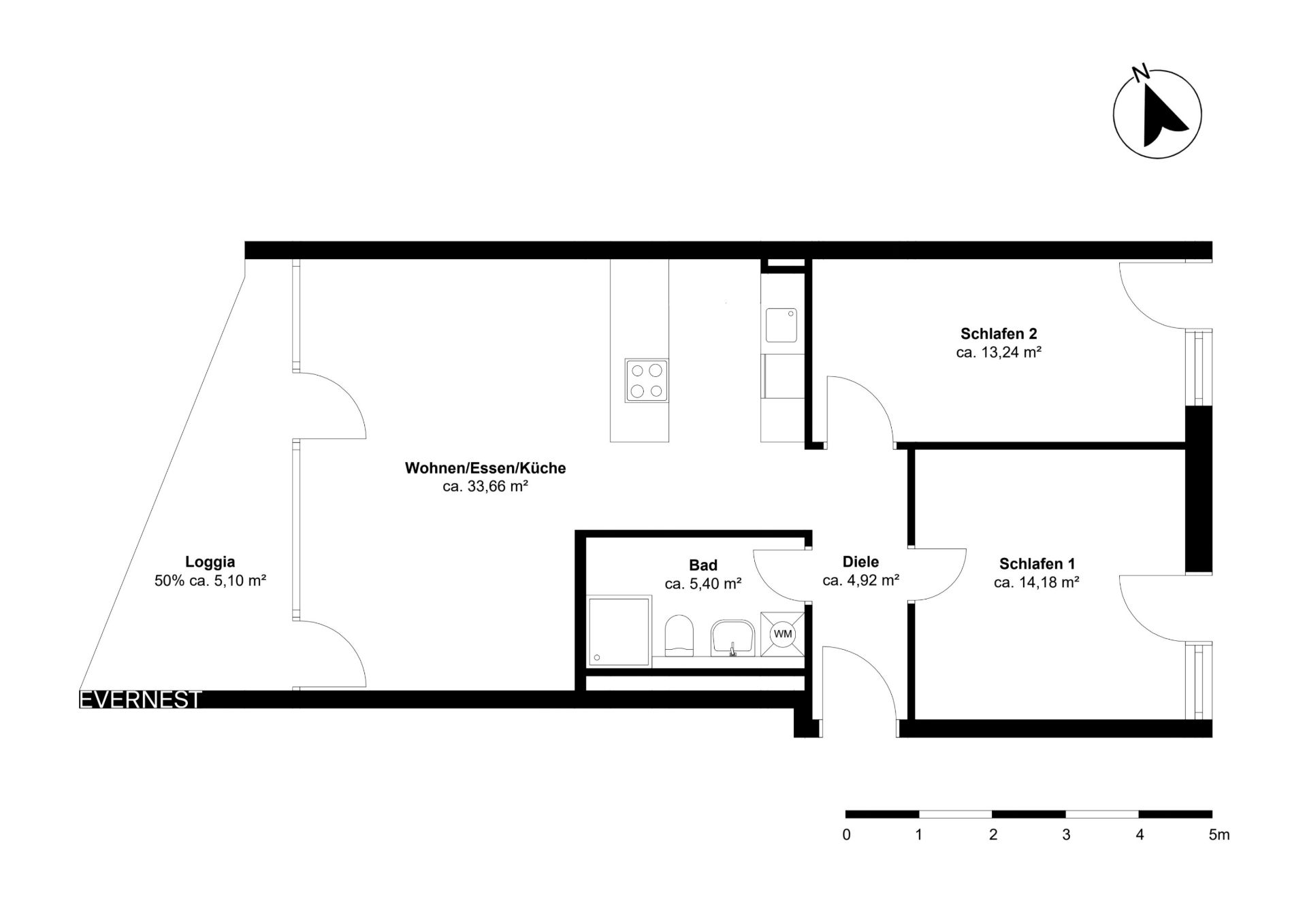 Grundriss einer Wohnung mit Loggia, zwei Schlafzimmern, Badezimmer und offenem Wohnbereich.
