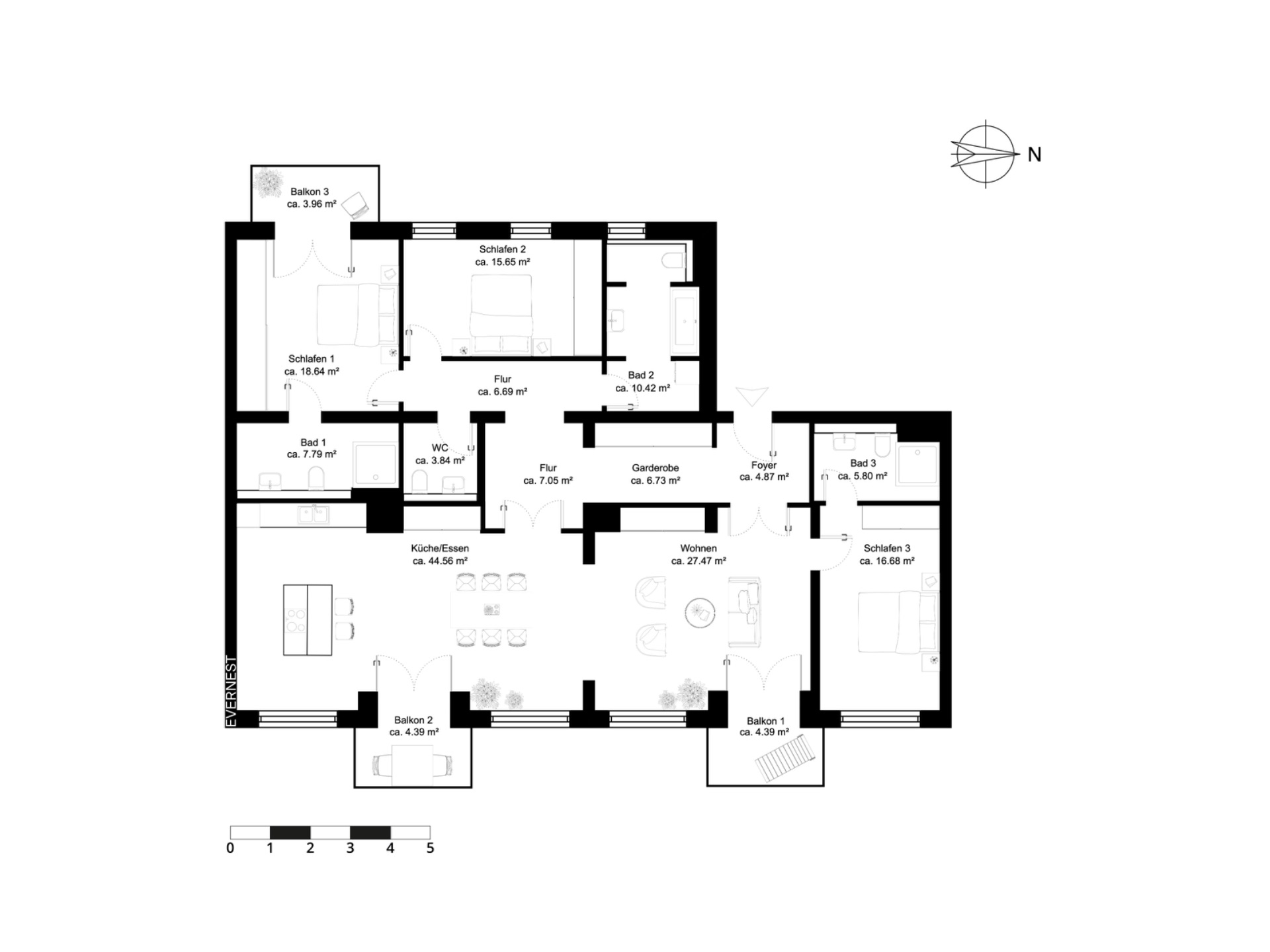 Grundriss einer Wohnung mit drei Schlafzimmern, drei Bädern, Küche, Wohnen und drei Balkonen.