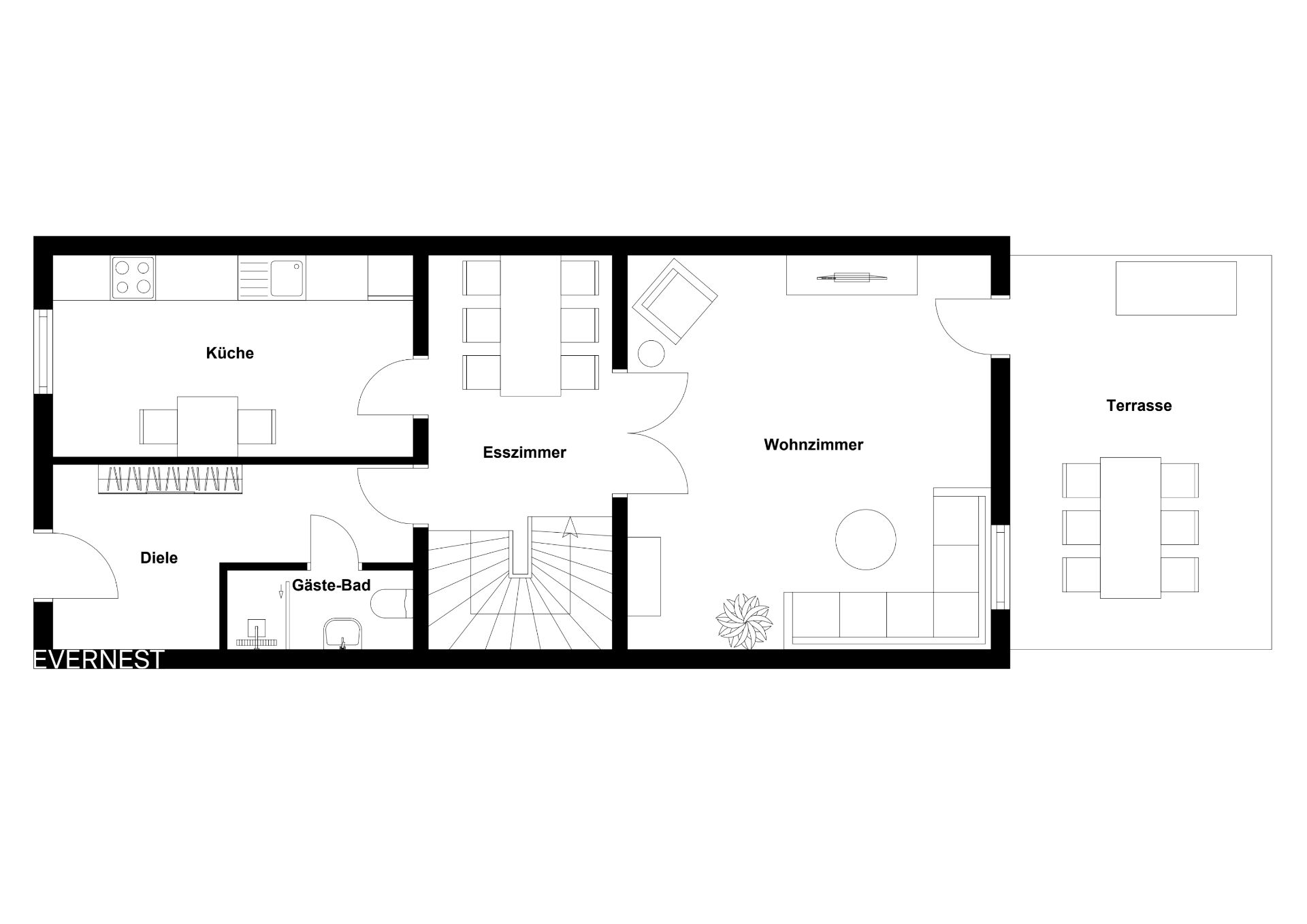 Grundriss mit Küche, Esszimmer, Wohnzimmer, Gäste-Bad, Diele und Terrasse.