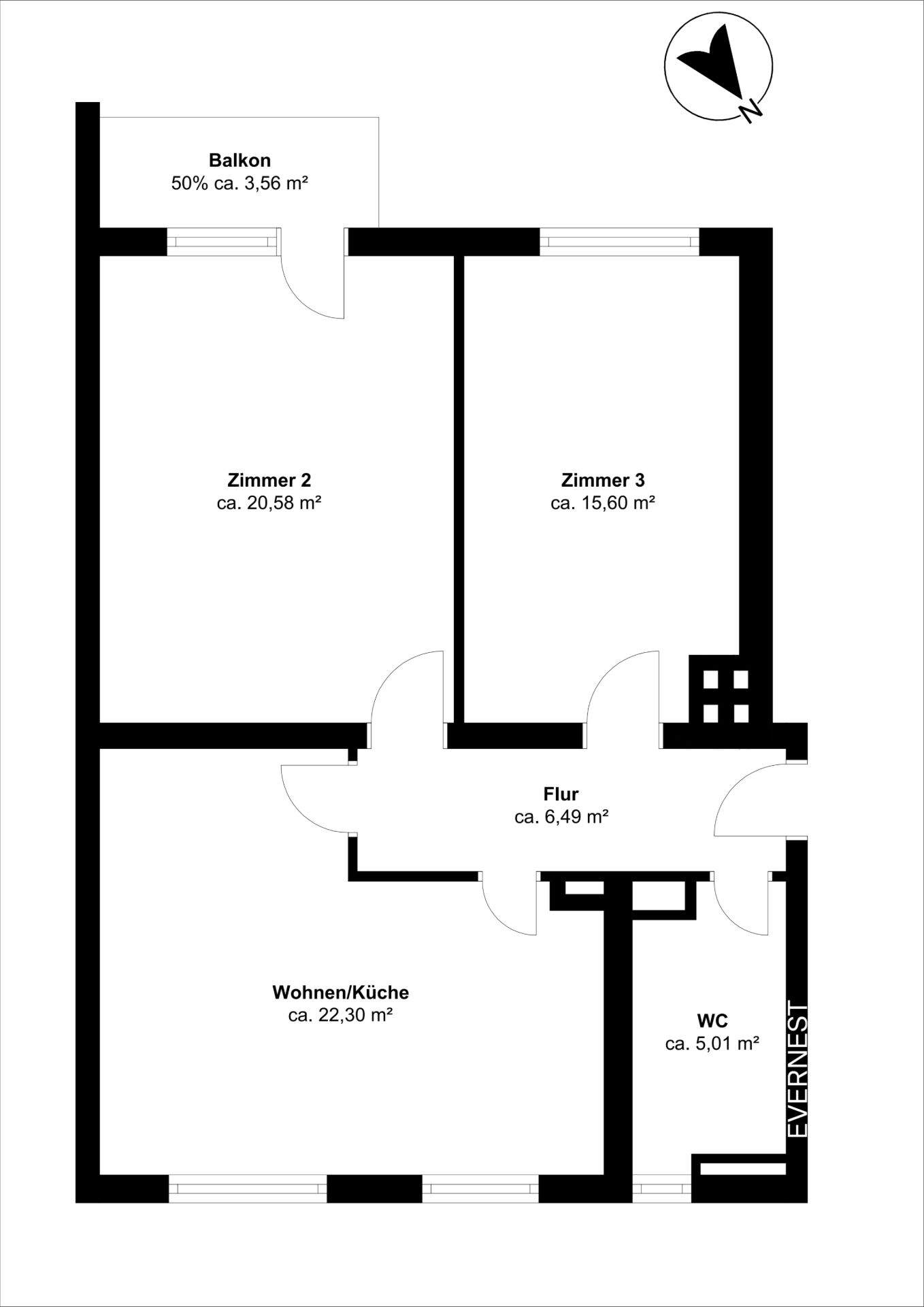 Grundriss einer Wohnung mit zwei Zimmern, Wohnküche, Flur, WC und Balkon.
