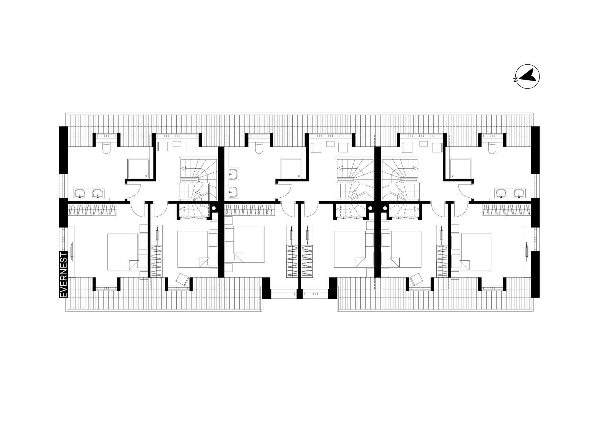 Grundriss mit mehreren Wohnungen, jeweils mit Schlafzimmer, Bad, Küche und Treppenhaus.