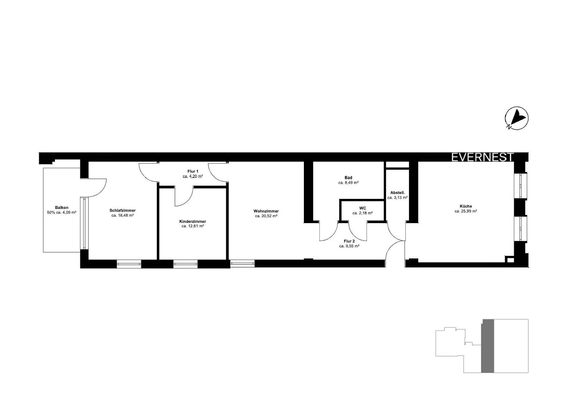 Grundriss einer Wohnung mit Balkon, Schlafzimmer, Kinderzimmer, Wohnzimmer, Bad, Küche und Flur.