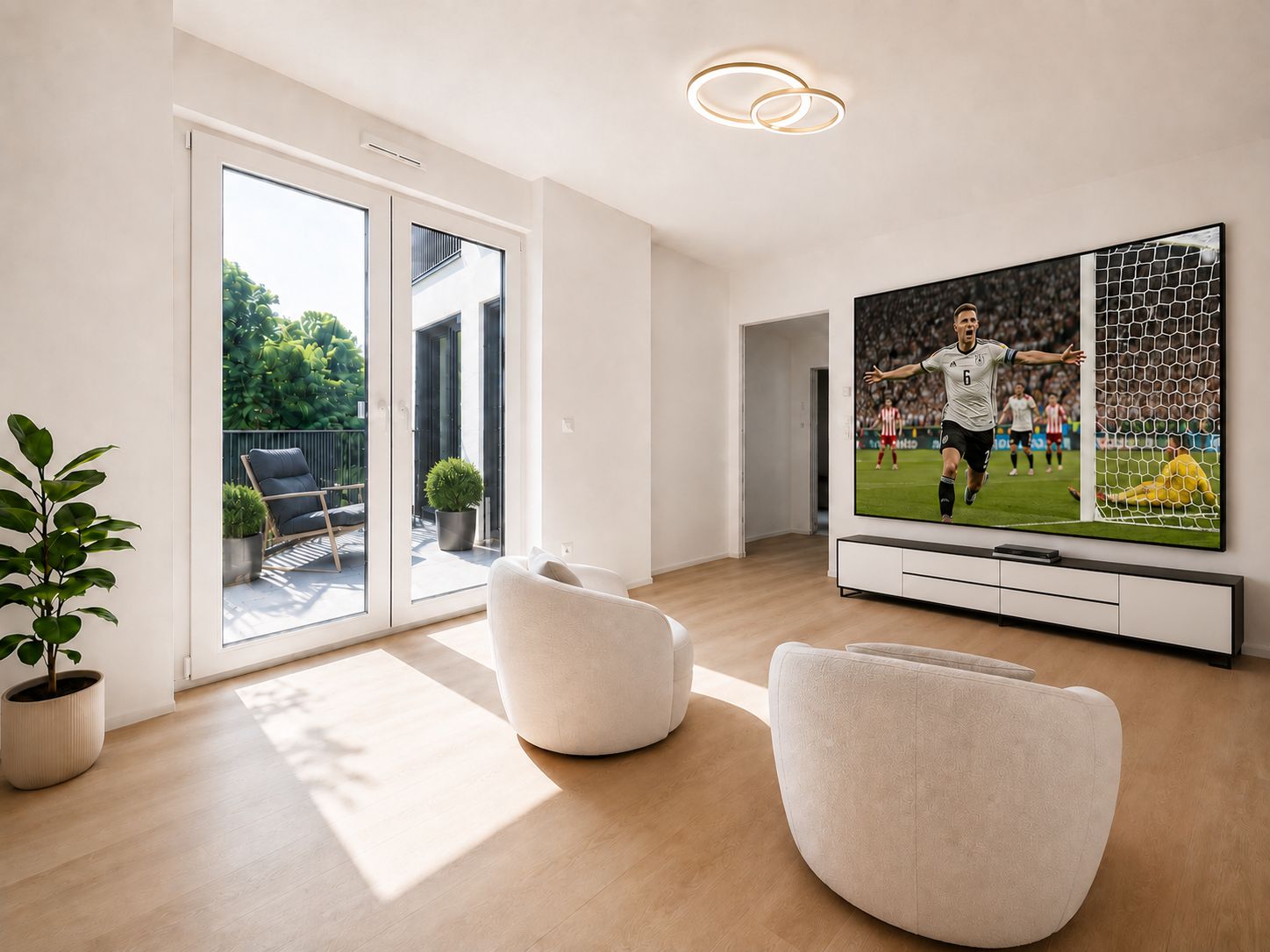 Helles Wohnzimmer mit zwei Sesseln, großem Fernseher und Zugang zu einem Balkon mit Pflanzen.