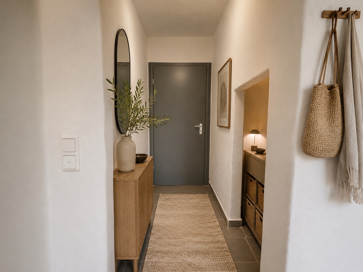 Heller Flur mit grauer Tür, Holzkommode, rundem Spiegel und geflochtener Tasche an der Wand.