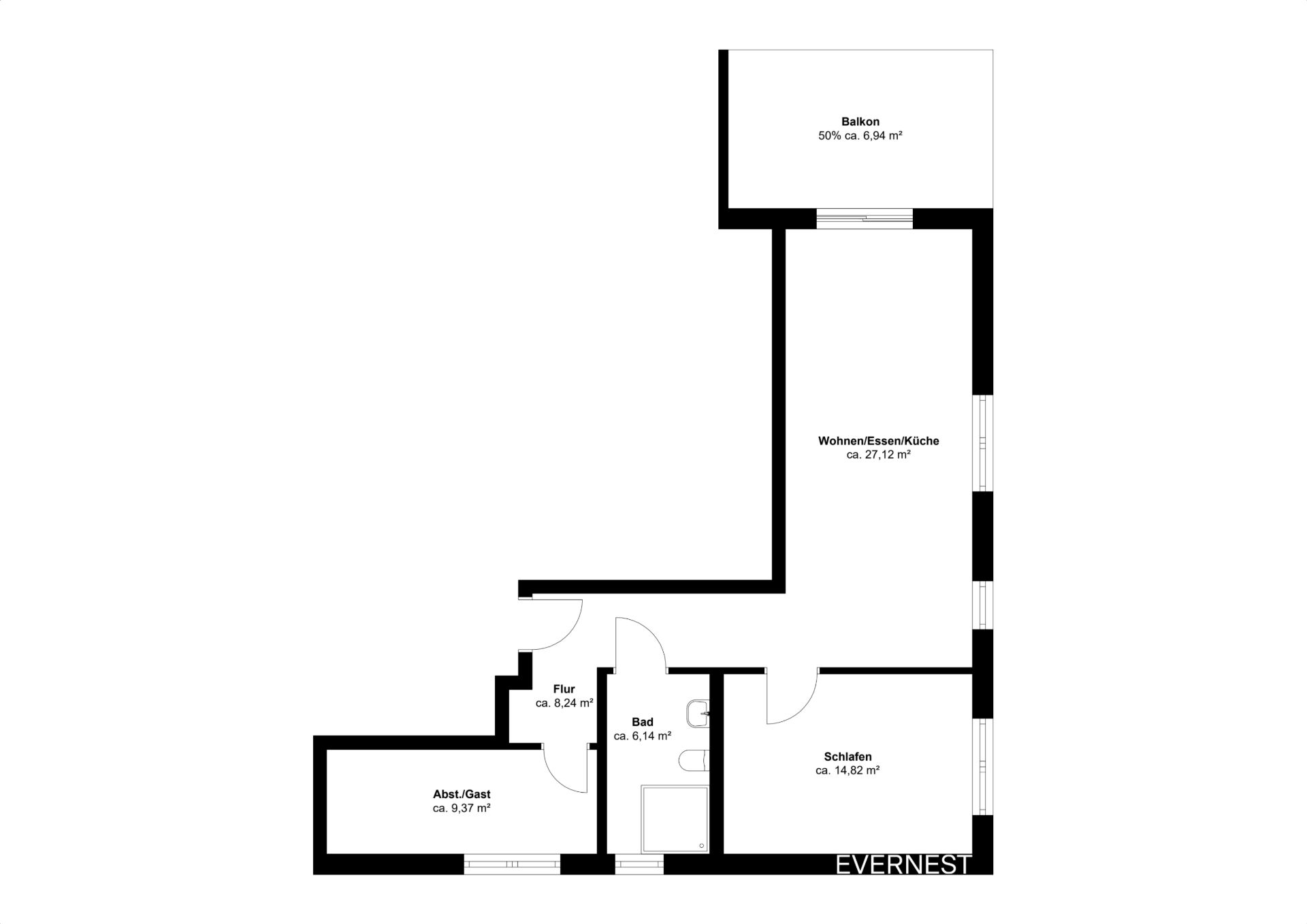 Grundriss einer Wohnung mit Wohnküche, Schlafzimmer, Bad, Flur, Abstellraum und Balkon.