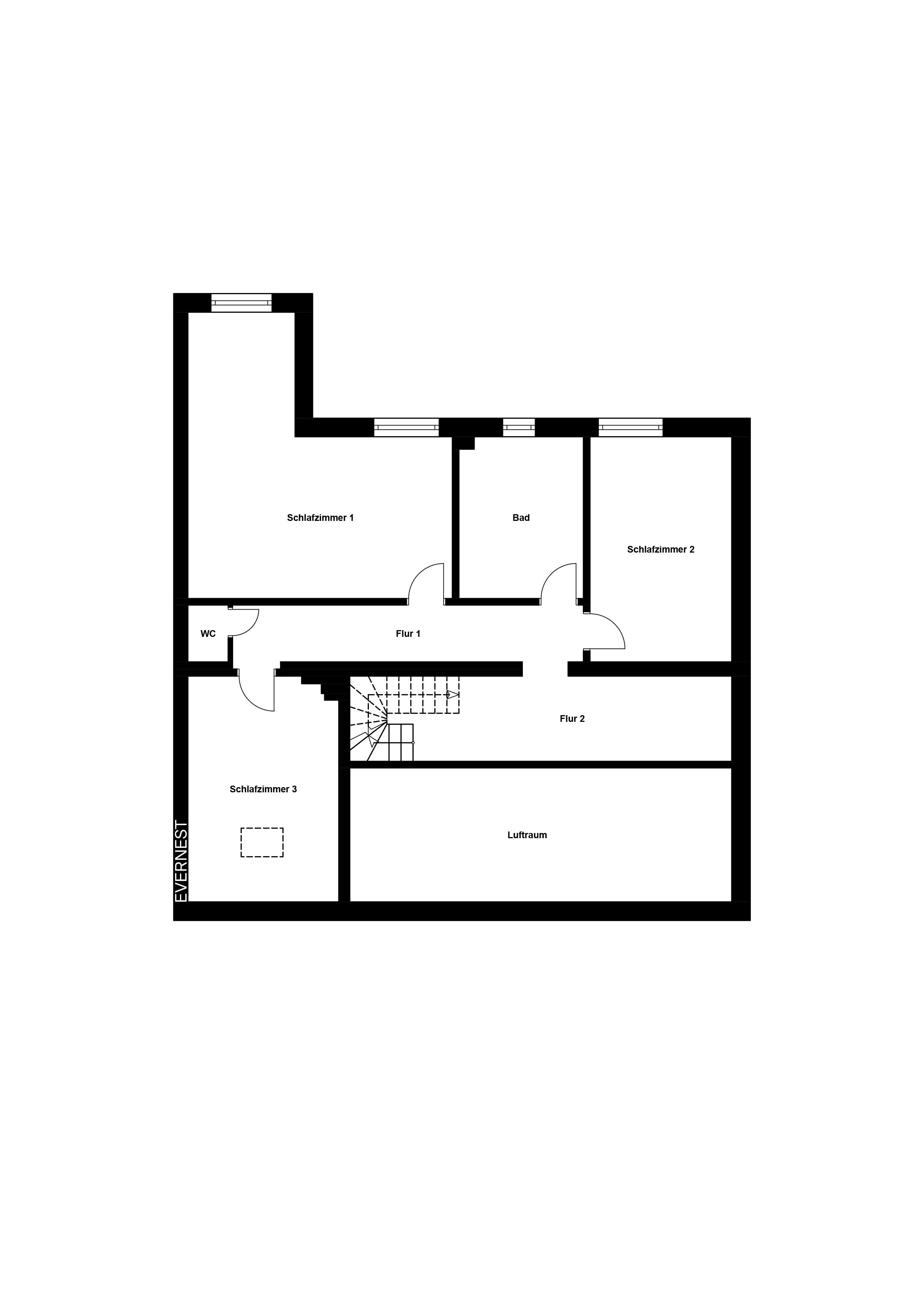 Grundriss mit drei Schlafzimmern, Bad, WC, zwei Fluren, Luftraum und Treppe.