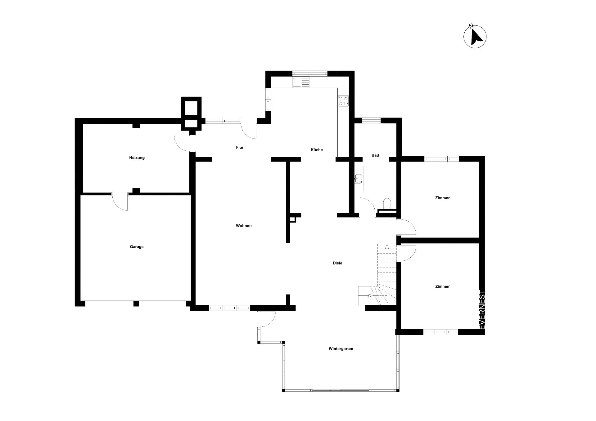 Grundriss eines Wohnhauses mit Garage, Wohnzimmer, Küche, Bad, Wintergarten und zwei Zimmern.