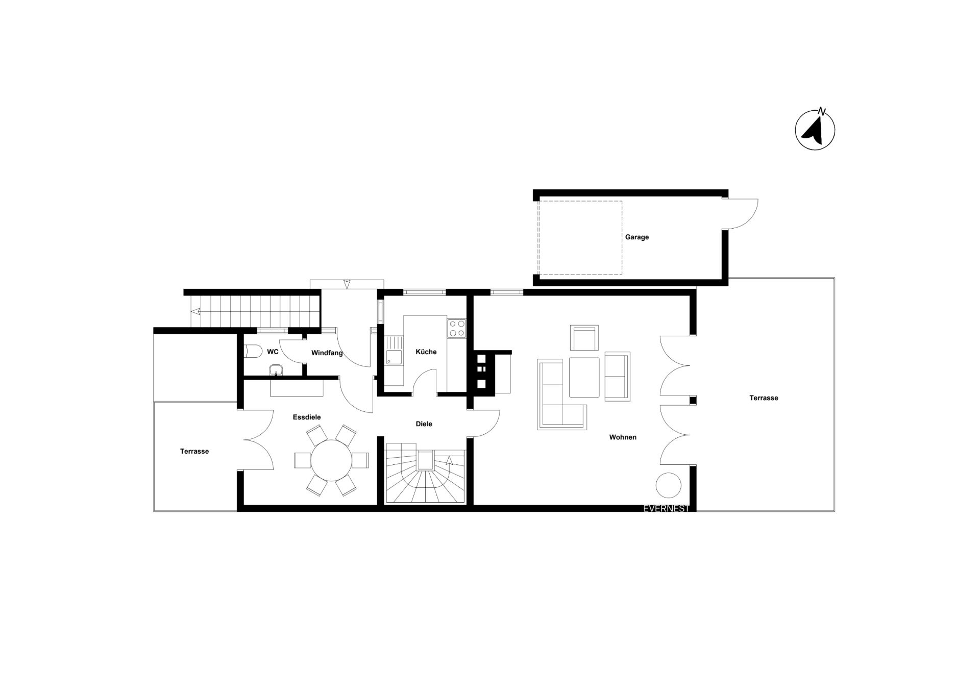 Grundriss eines Wohnhauses mit Wohnzimmer, Esszimmer, Küche, Garage und zwei Terrassen.