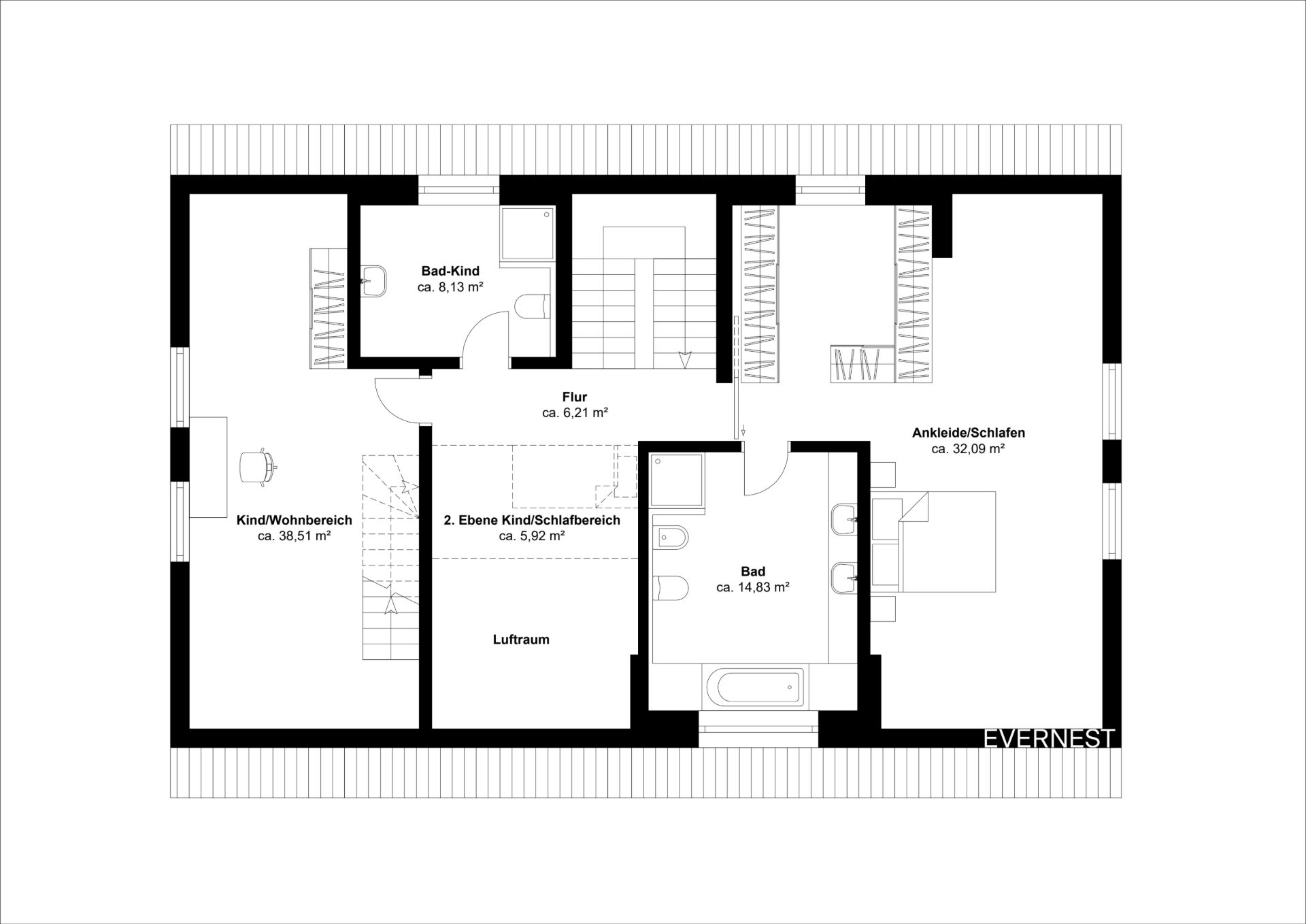 Grundriss eines Wohnhauses mit Schlafzimmern, Bädern, Flur und Wohnbereich.
