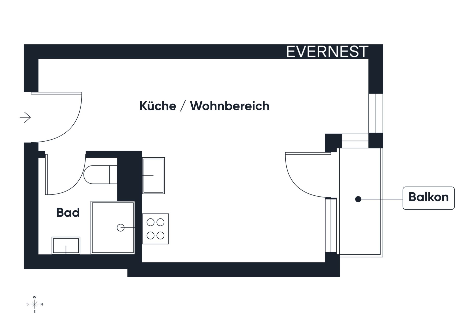 Grundriss einer Wohnung mit Bad, Küche/Wohnbereich und Balkon.