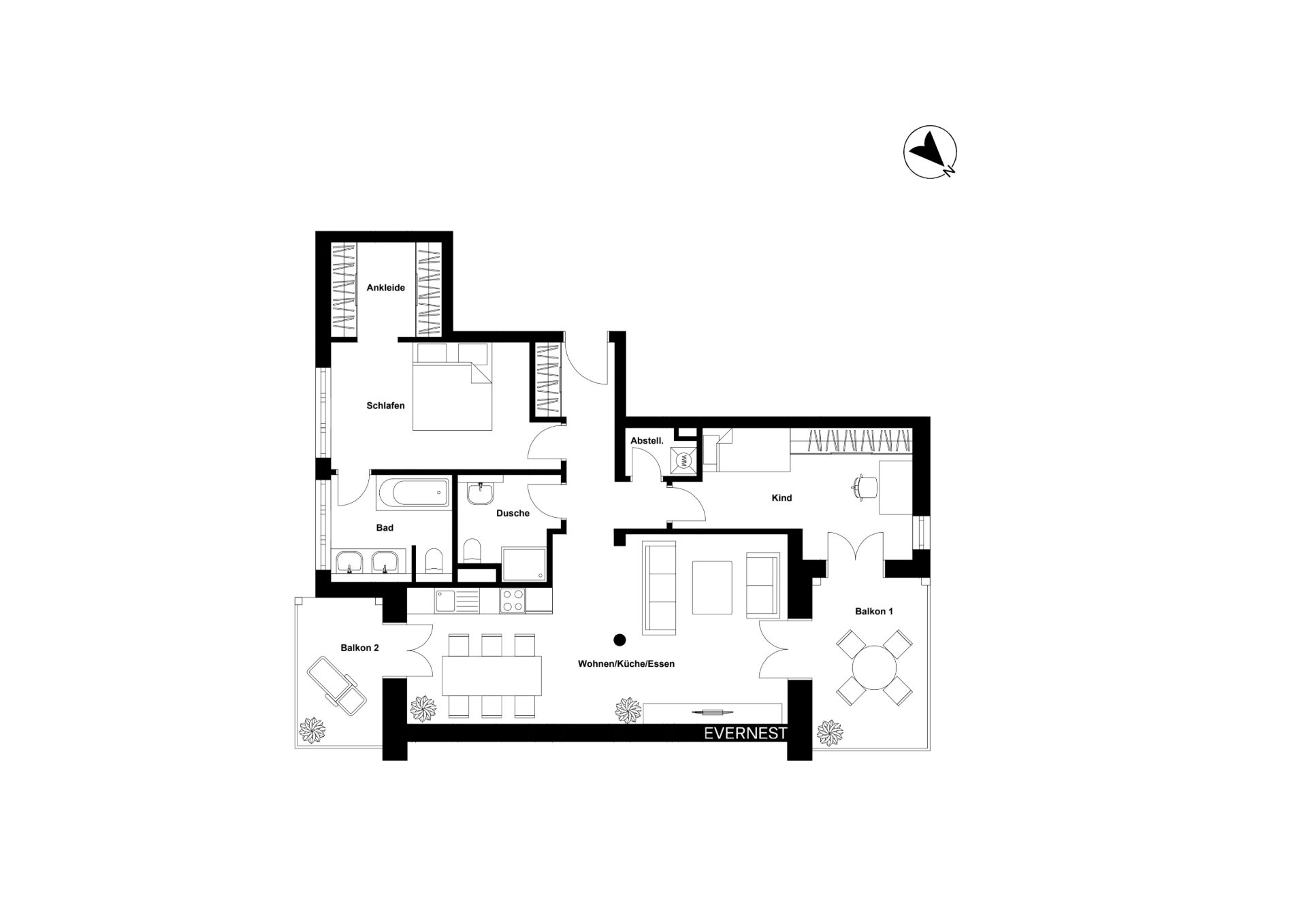 Grundriss einer Wohnung mit zwei Balkonen, Wohnzimmer, Küche, Bad, Schlafzimmer und Kinderzimmer.