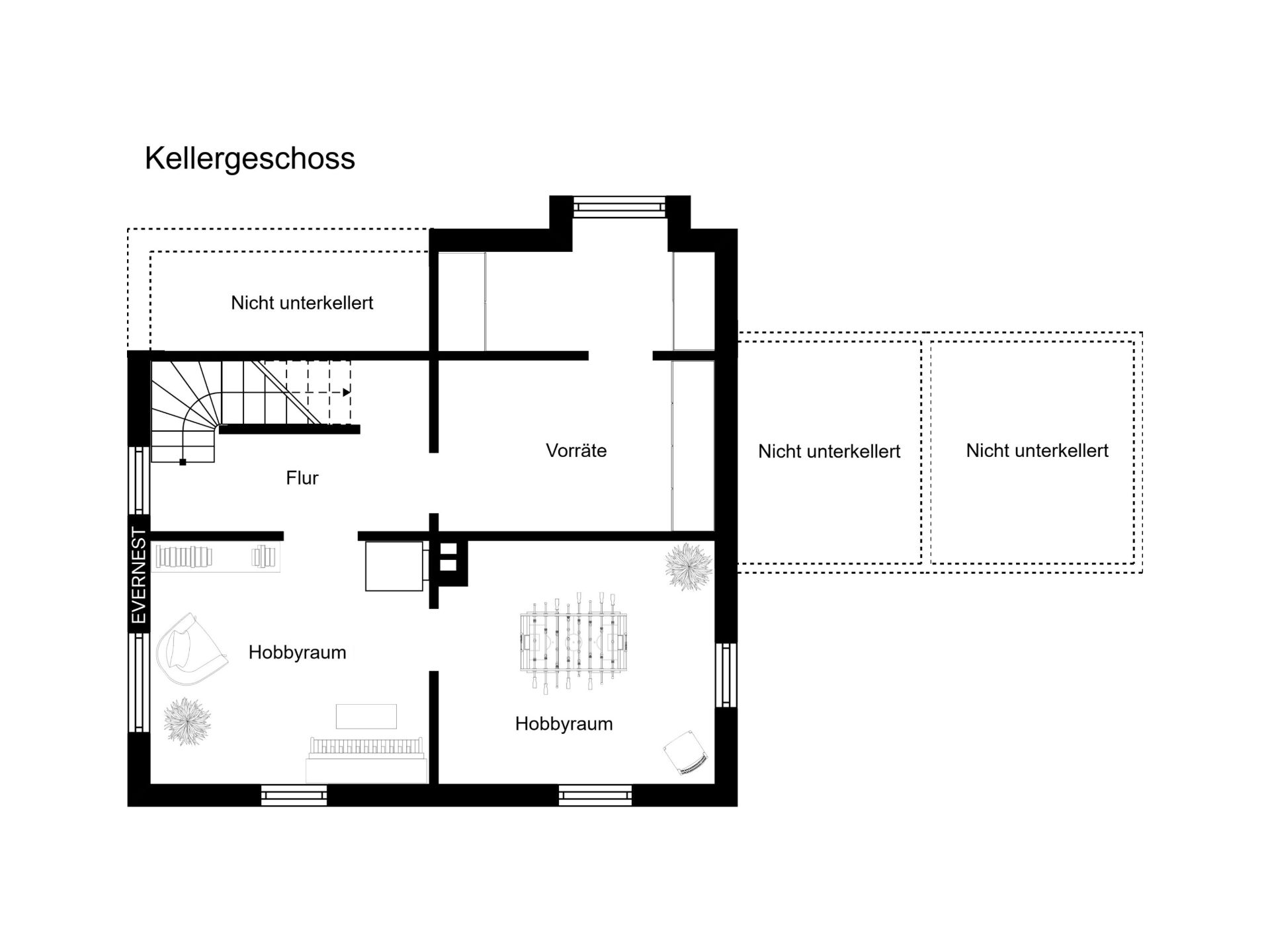 Grundriss des Kellergeschosses mit Flur, Vorratsraum und zwei Hobbyräumen.