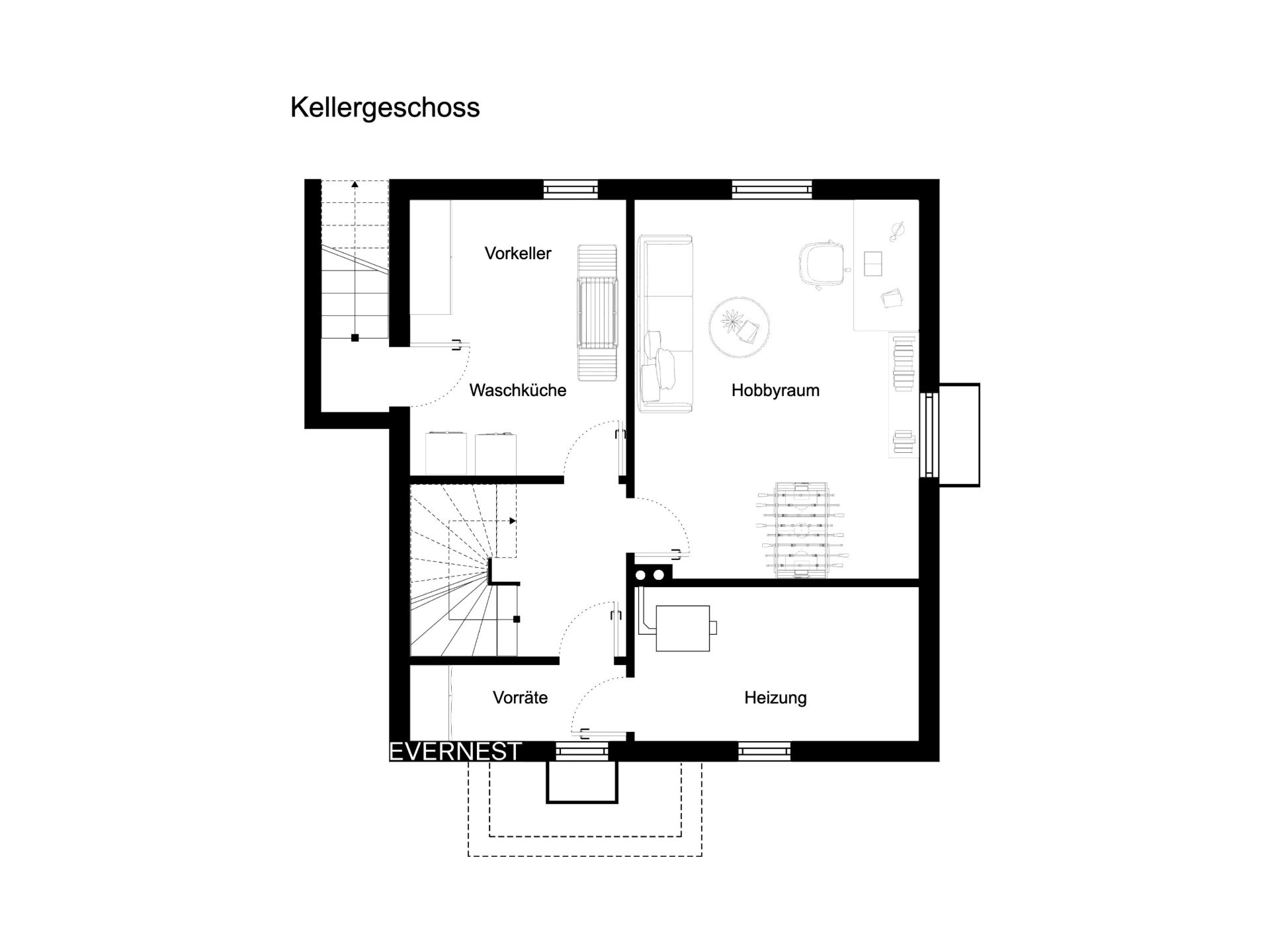 Grundriss des Kellers mit Waschküche, Vorratsraum, Heizungsraum und Hobbyraum.