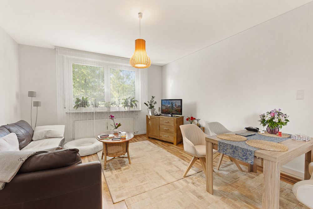 Helles Wohnzimmer mit Sofa, Esstisch, Teppich, Fernseher und großen Fenstern mit Pflanzen.