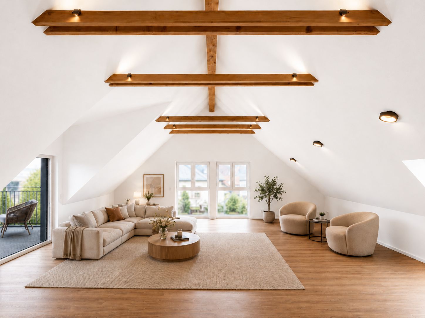 Helles Dachgeschoss-Wohnzimmer mit Holzbalken, Sofa, Sesseln und großem Teppich.