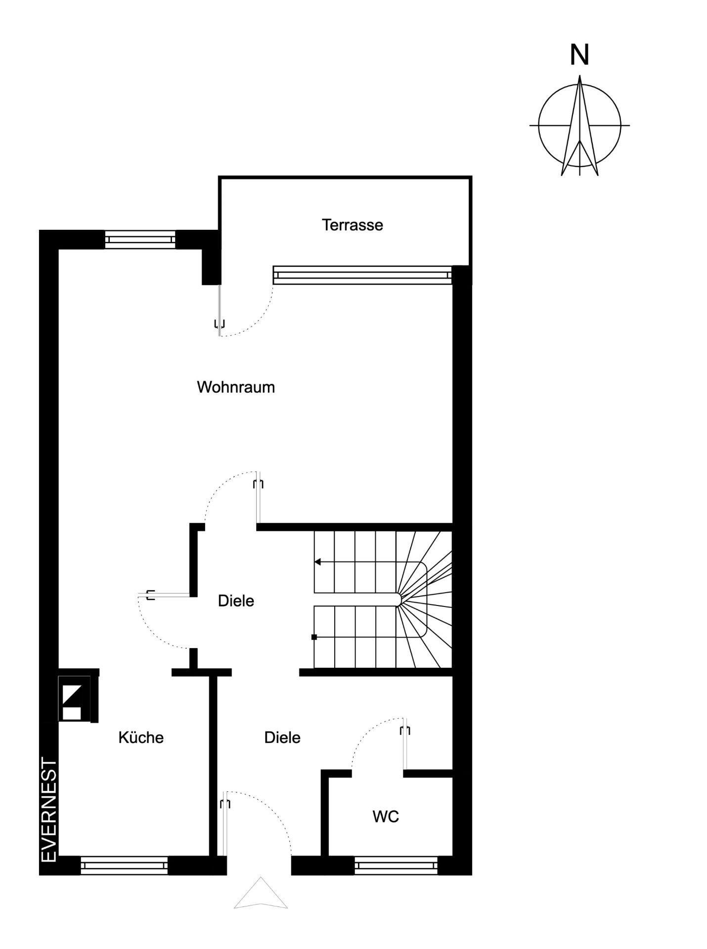 Grundriss mit Wohnraum, Küche, WC, Diele, Terrasse und Treppe.