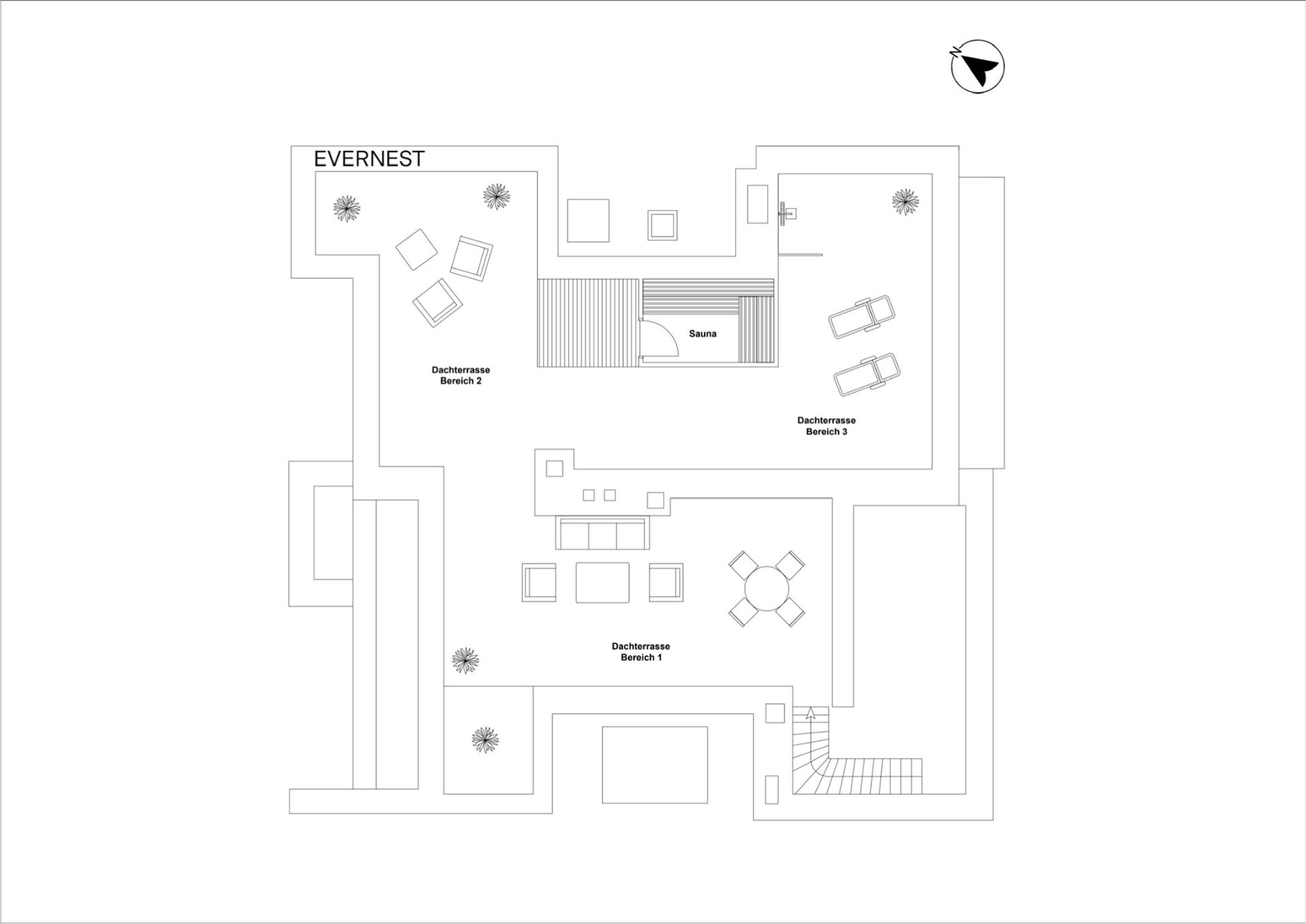 Grundriss einer Dachterrasse mit Sitzbereichen, Pflanzen und Sauna.